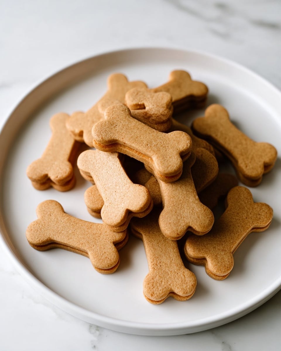 A white plate holds a pile of bone-shaped treats, each one light brown and smooth in texture with slightly rounded edges. The treats overlap in layers, with some lying flat and others resting at angles on top, creating a small mound. The background is a white marbled surface, bright and clean, highlighting the warm tones of the treats. photo taken with an iphone --ar 4:5 --v 7