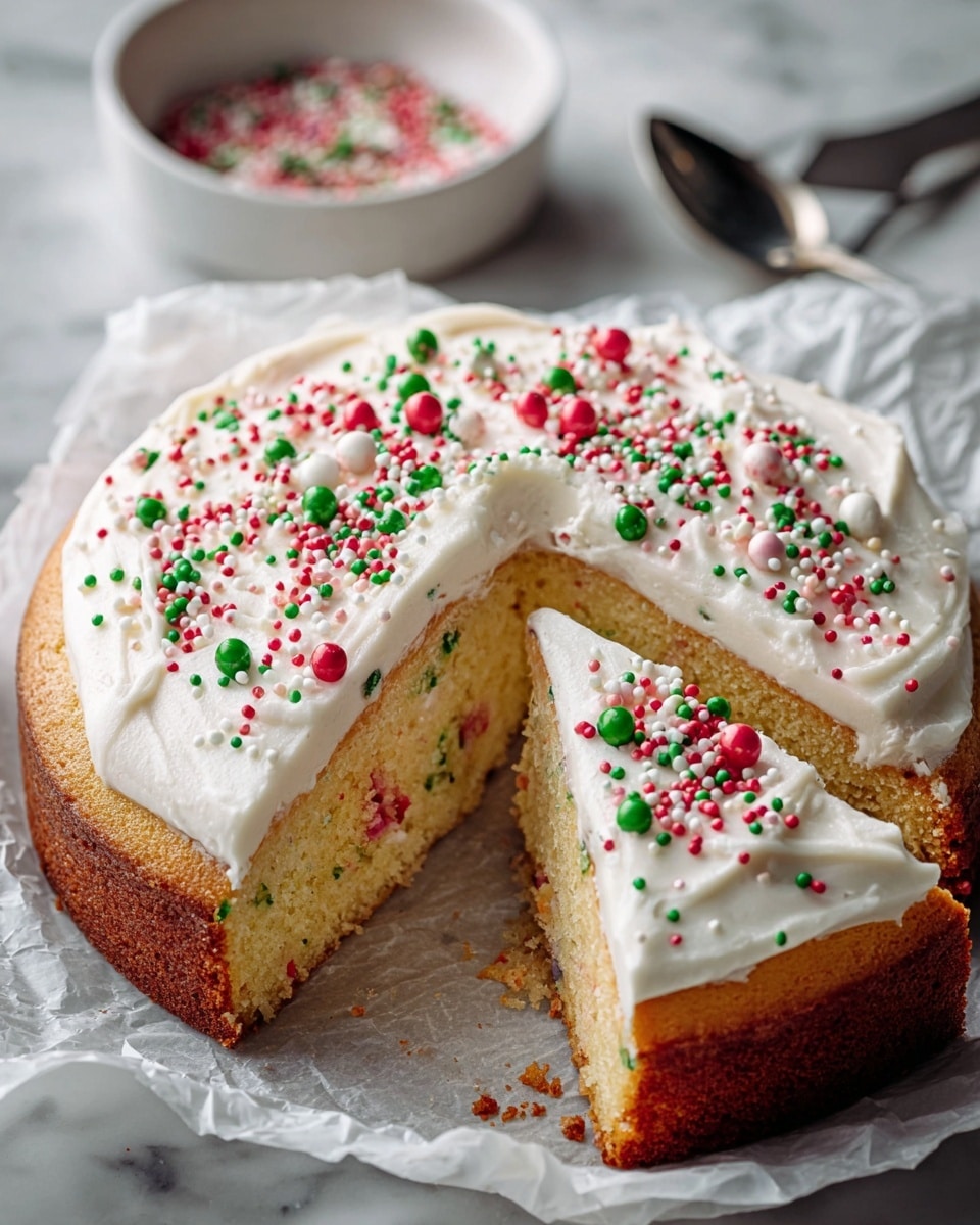 A round cake with one thick golden brown layer and a generous, smooth white frosting layer on top, sprinkled with small red, green, white, and pink round sprinkles of different sizes. A single slice is cut and lifted from the cake revealing a moist, light crumb inside with bits of colorful pieces. The cake sits on crumpled white parchment paper placed on a white marbled surface. In the background, slightly blurred, is a white bowl filled with more colorful sprinkles. Photo taken with an iphone --ar 4:5 --v 7