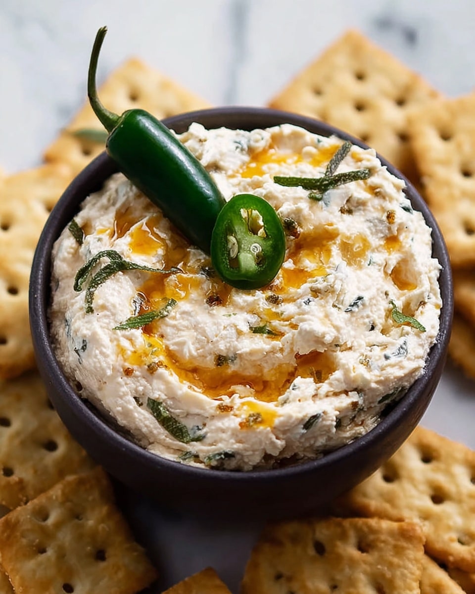 A close-up of a small white bowl filled with creamy, light beige dip mixed with small green herb pieces and a drizzle of orange oil on top, garnished with a whole green chili pepper and a slice of green chili placed on the dip's surface; crunchy rectangular crackers with holes are scattered partially visible around the bowl on a white marbled textured surface. photo taken with an iphone --ar 4:5 --v 7
