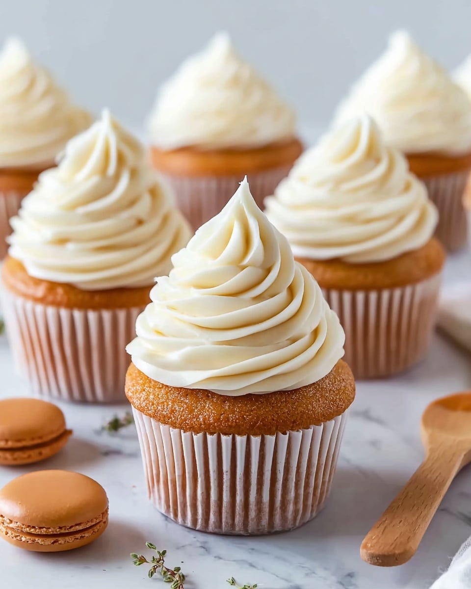 The image shows a group of seven golden brown cupcakes, each topped with a thick swirl of creamy white frosting that spirals up to a pointed peak. The cupcakes are placed on a white marbled surface and arranged closely together, with the focus on one cupcake in the front center, which is sharp and detailed. The cupcakes have fluted white paper liners that hug the golden cake base. Scattered around the cupcakes on the white marbled surface are two small caramel-colored macarons and a wooden spoon, adding a subtle contrast to the soft and warm tones of the cupcakes. photo taken with an iphone --ar 4:5 --v 7