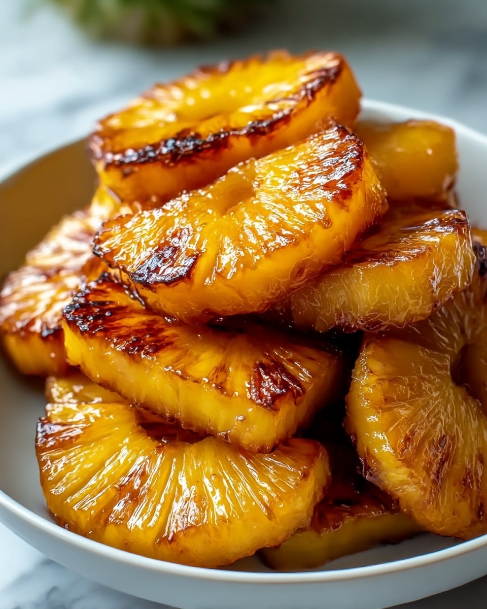 A white bowl filled with about ten pieces of grilled pineapple slices stacked on top of each other. Each pineapple slice is golden yellow with charred brown edges and shiny from a glaze, giving a juicy and caramelized look. The texture of the pineapple is soft and fibrous with visible grill marks. The bowl sits on a white marbled texture surface blurred softly in the background. photo taken with an iphone --ar 4:5 --v 7