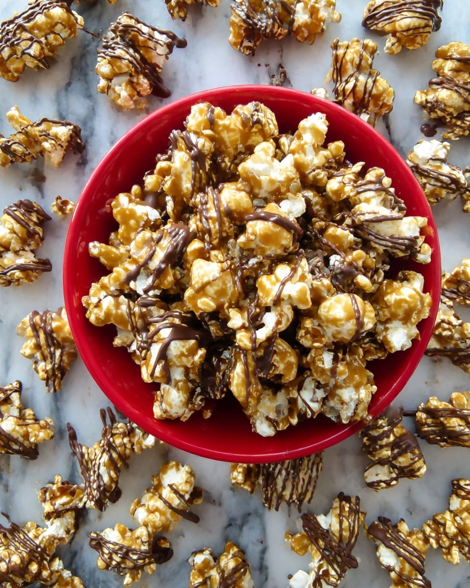 The image shows a red bowl filled with caramel popcorn pieces drizzled with melted dark chocolate, placed in the center of the frame. The popcorn is golden brown with a shiny caramel coating and irregular clusters of white popcorn peeking through. Around the bowl, on a white marbled surface, similar caramel popcorn pieces are spread out, also covered lightly with dark chocolate drizzle, creating a textured contrast of creamy caramel and dark chocolate streaks across the popcorn. The overall look is crunchy and sweet with varying shades of golden brown, white, and dark brown. photo taken with an iphone --ar 4:5 --v 7