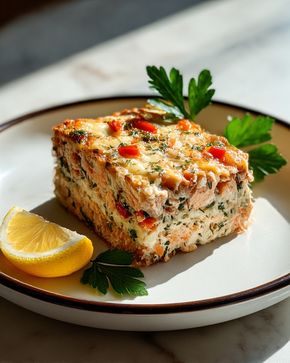 A rectangular meatloaf with a well-browned, slightly crispy outer crust sits on a white plate with a white marbled texture surface beneath. The meatloaf shows visible layers and textures inside, with a mix of light beige ground meat, flecks of green herbs, and small pieces of vegetables. The top is covered with melted cheese speckled with bright green peas, diced orange carrots, and green herbs, and garnished with fresh parsley leaves placed in the center. The edges of the meatloaf are darker, indicating a roasted finish. photo taken with an iphone --ar 4:5 --v 7