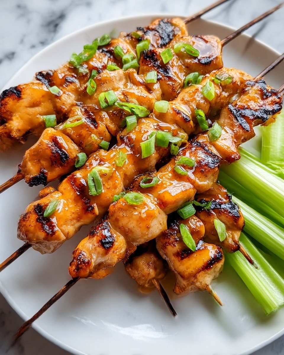 The image shows several skewers of grilled chicken stacked on a white plate, each skewer holding multiple pieces of golden-brown chicken with char marks and a shiny glaze. The chicken is topped with small green onion pieces scattered evenly across the surface. To the right of the skewers, there are fresh green celery sticks arranged neatly. The background is a white marbled texture. photo taken with an iphone --ar 4:5 --v 7