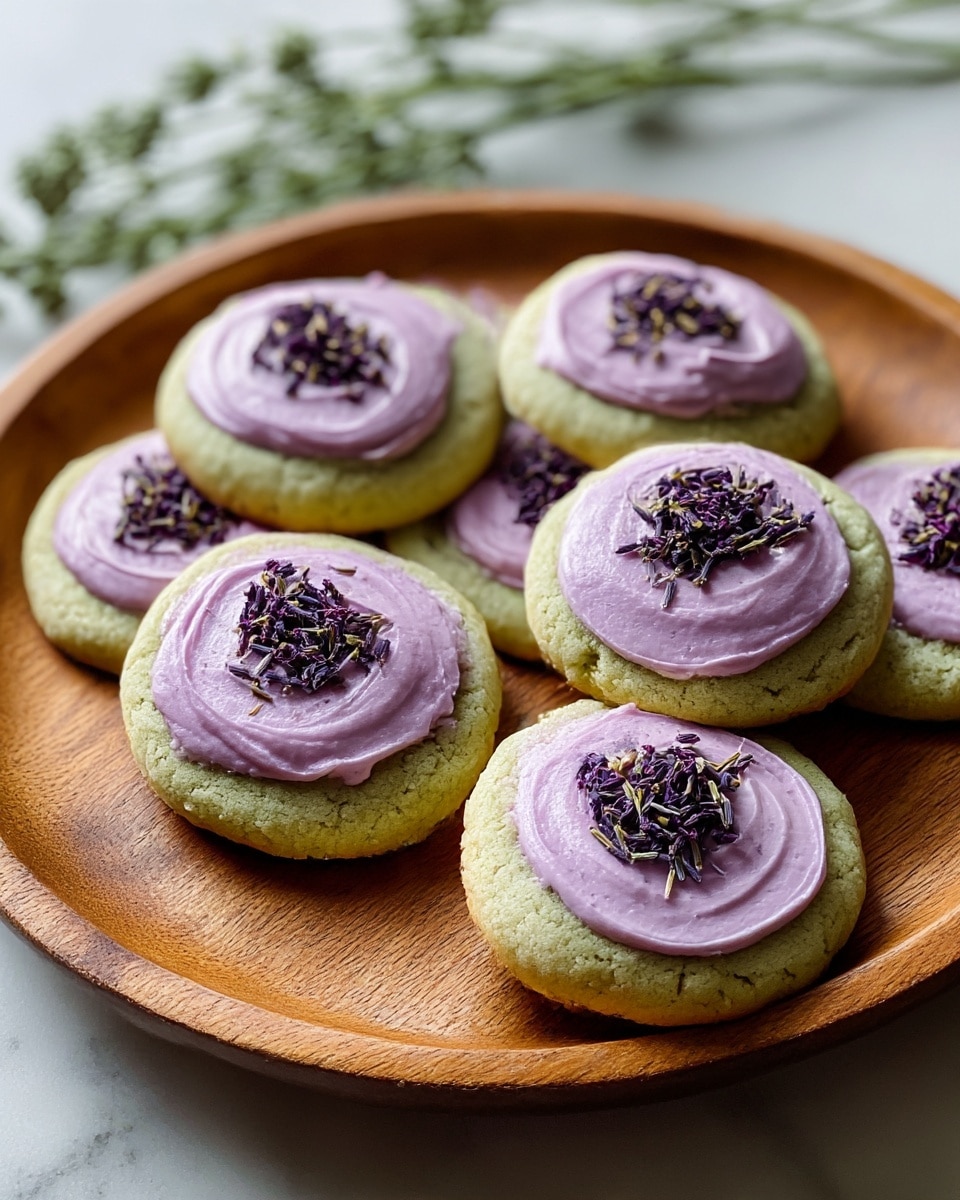A wooden round plate holds six green cookies arranged in a slightly overlapping circle. Each cookie has one layer of smooth, light purple frosting spread in a thick circular shape at the center. On top of the frosting, there is a small pile of tiny dark purple dried flower buds adding texture and a natural look. The cookies have a soft, crumbly texture visible around the edges, and the plate is set on a white marbled surface with some green plant stems blurred in the background. photo taken with an iphone --ar 4:5 --v 7