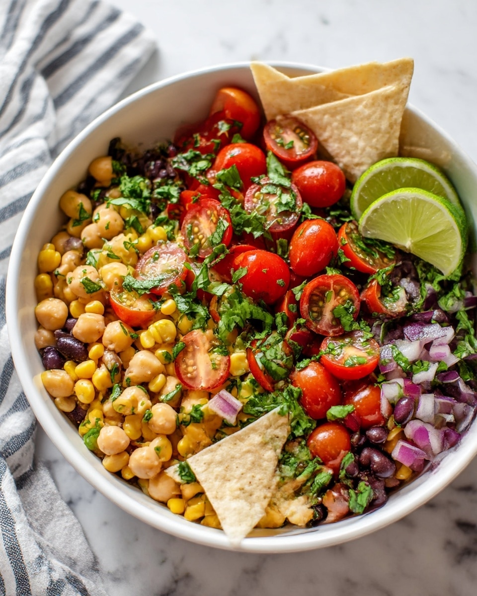 A white bowl filled with a colorful salad that has four main layers: the bottom is a mix of chickpeas and black beans, the middle layer has bright yellow corn kernels and chopped red onions, the next layer shows cherry tomatoes cut in half with fresh chopped green herbs scattered on top, and three large white triangular chips standing upright on one side, with a lime wedge tucked near the chips, all set on a white marbled surface with a striped cloth nearby. photo taken with an iphone --ar 4:5 --v 7