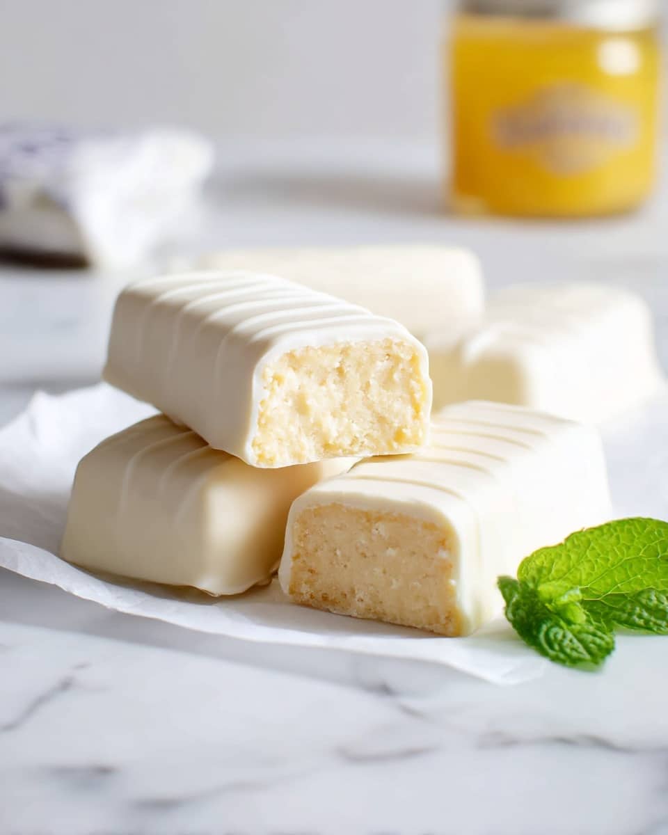 The image shows four rectangular white-coated bars stacked closely together on a white marbled surface. One bar is unwrapped and lays partly on white wrapping paper on the surface, with smooth, shiny, and creamy white outer layers that fully cover the bars. One of the bars is cut in half on top of the others, exposing a dense, pale yellow, slightly crumbly inner layer. The bars have smooth, even edges, and the overall look is clean and simple. Photo taken with an iphone --ar 4:5 --v 7