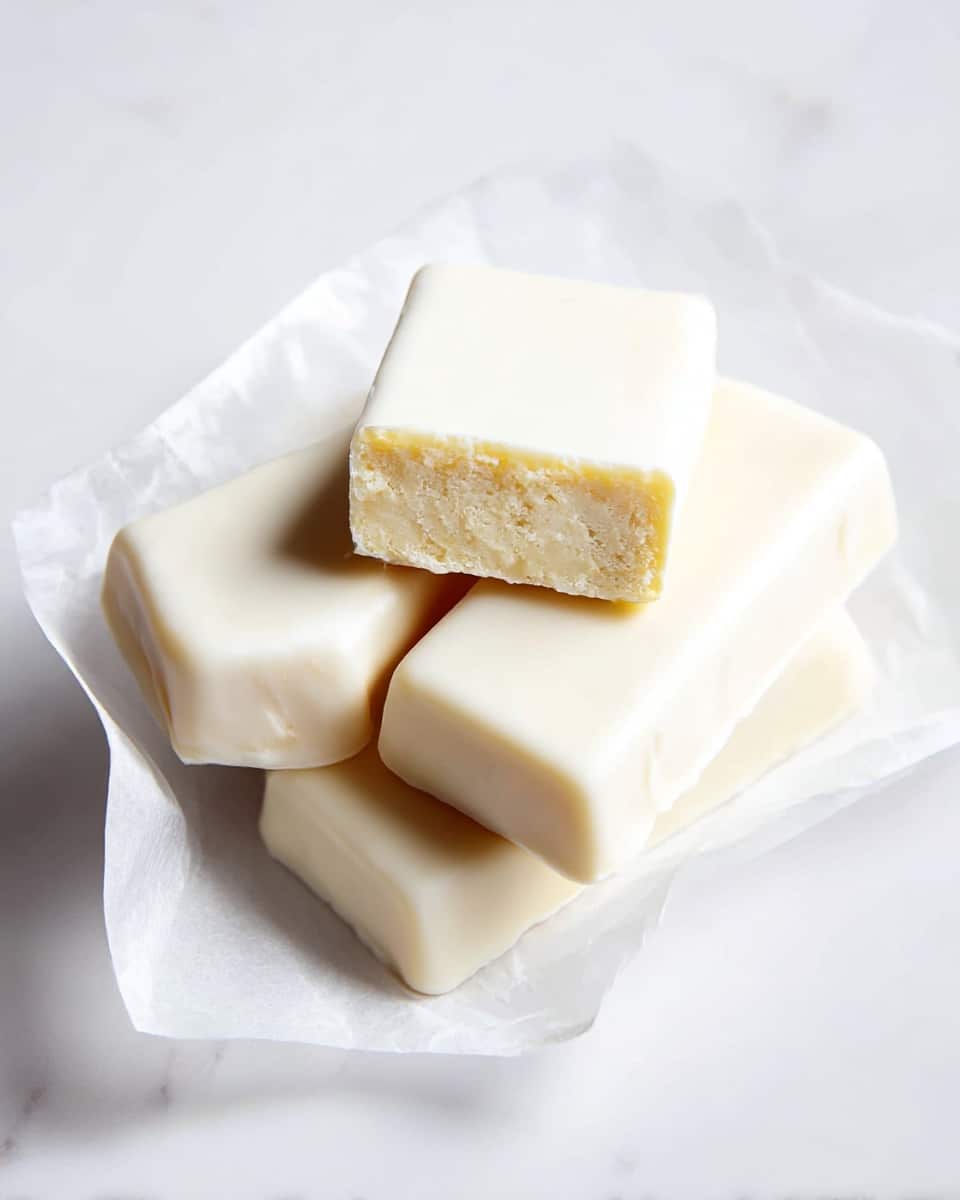 The image shows four white chocolate-covered bars arranged on white parchment paper placed on a white marbled surface. Three of the bars have a smooth, creamy white chocolate coating with faint ridges on top. One bar is cut in half, revealing a dense, pale yellow, crumbly interior. A fresh green mint leaf lies beside the bars, adding a pop of color, and a blurred yellow jar is visible in the background. photo taken with an iphone --ar 4:5 --v 7