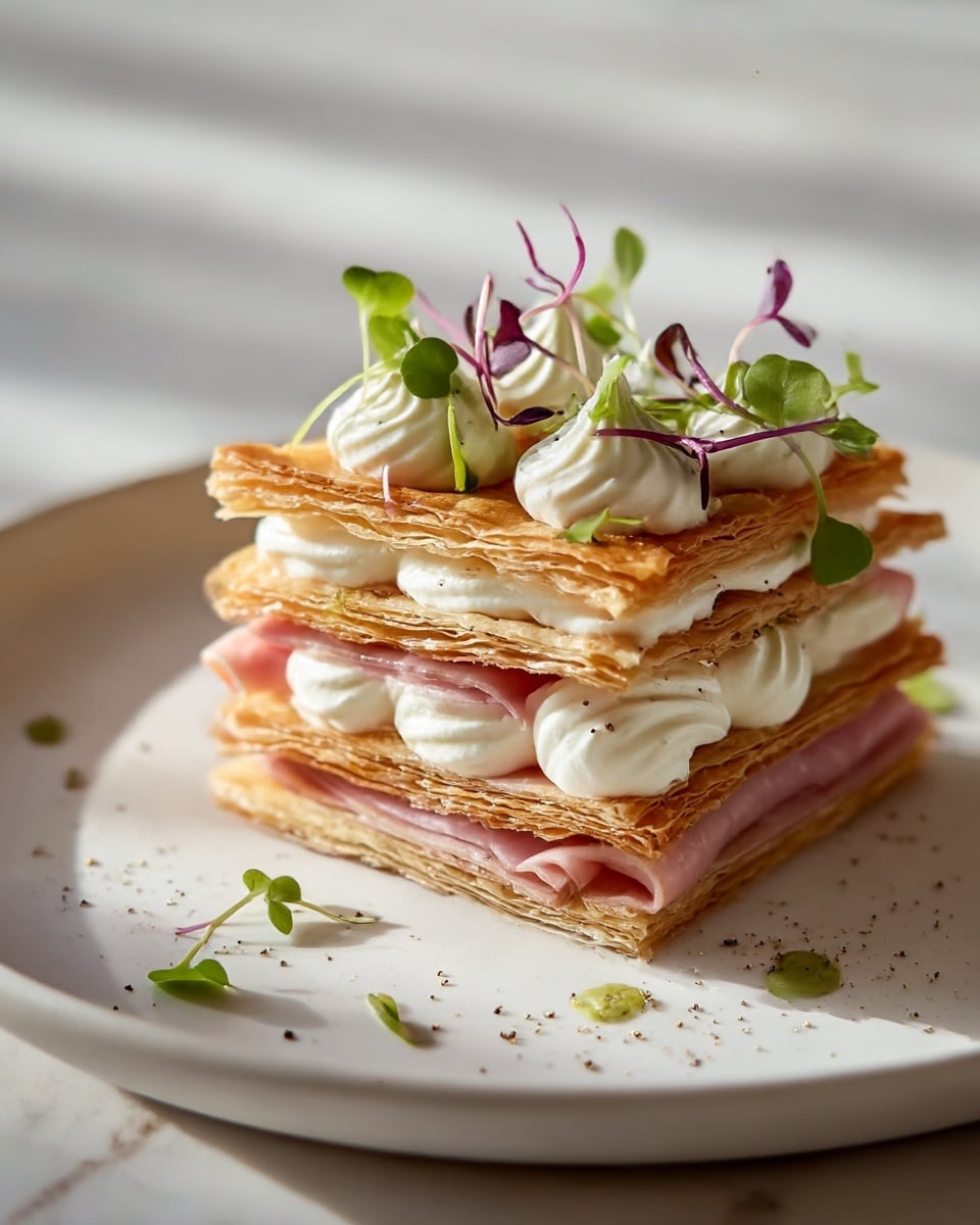 A three-layer puff pastry stack sits on a white plate, each layer golden brown and crisp. Between the bottom and middle pastry layers are thick swirls of white cream and thin slices of pink ham. The middle and top layers repeat the same with dollops of cream, topped with tiny green and purple microgreens. Small flecks of black pepper are sprinkled on the cream and around the plate. The dish is placed on a white marbled surface, and soft natural light highlights the textures and colors. Photo taken with an iphone --ar 4:5 --v 7