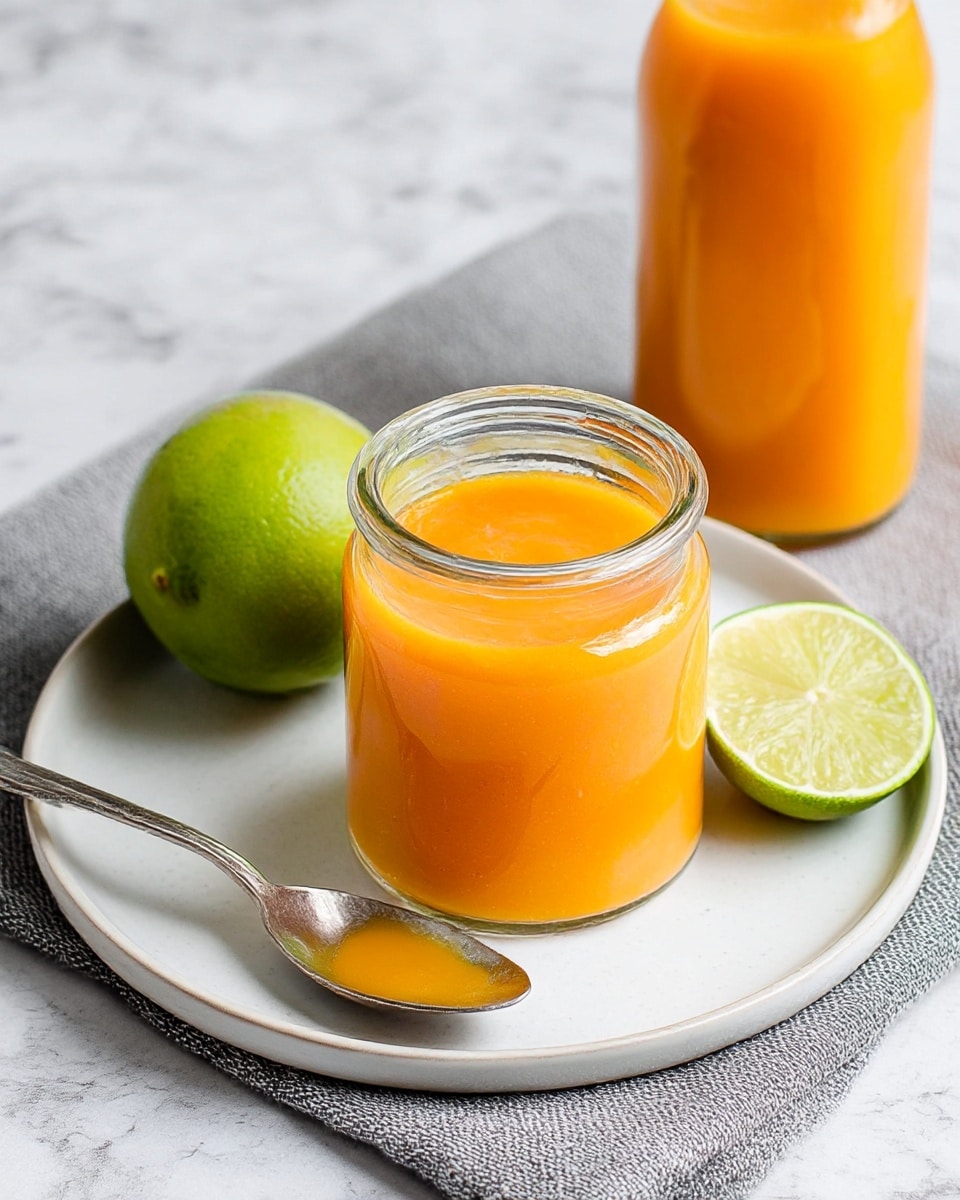 A small clear glass jar filled with a bright orange smooth puree sits at the center of a white plate, accompanied by a silver spoon partially dipped into the puree. Behind the jar, a whole green lime and a squeezed lime half rest directly on the plate. To the right, a tall glass bottle also holds the same orange puree. The plate is placed on a gray textured cloth, all set on a white marbled surface. photo taken with an iphone --ar 4:5 --v 7