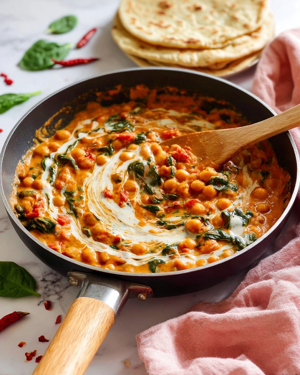 A close-up top view shows a black speckled pan filled with a creamy orange chickpea curry mixed with bright green spinach leaves and small chunks of red tomatoes, with a swirl of white cream added on top. A wooden spoon rests inside the pan, partially scooping the curry. To the upper left, light brown flatbreads are stacked on a wooden board, and in the lower left corner, several fresh green spinach leaves are scattered on a white marbled surface. A soft pink cloth is draped in the background. Photo taken with an iphone --ar 4:5 --v 7