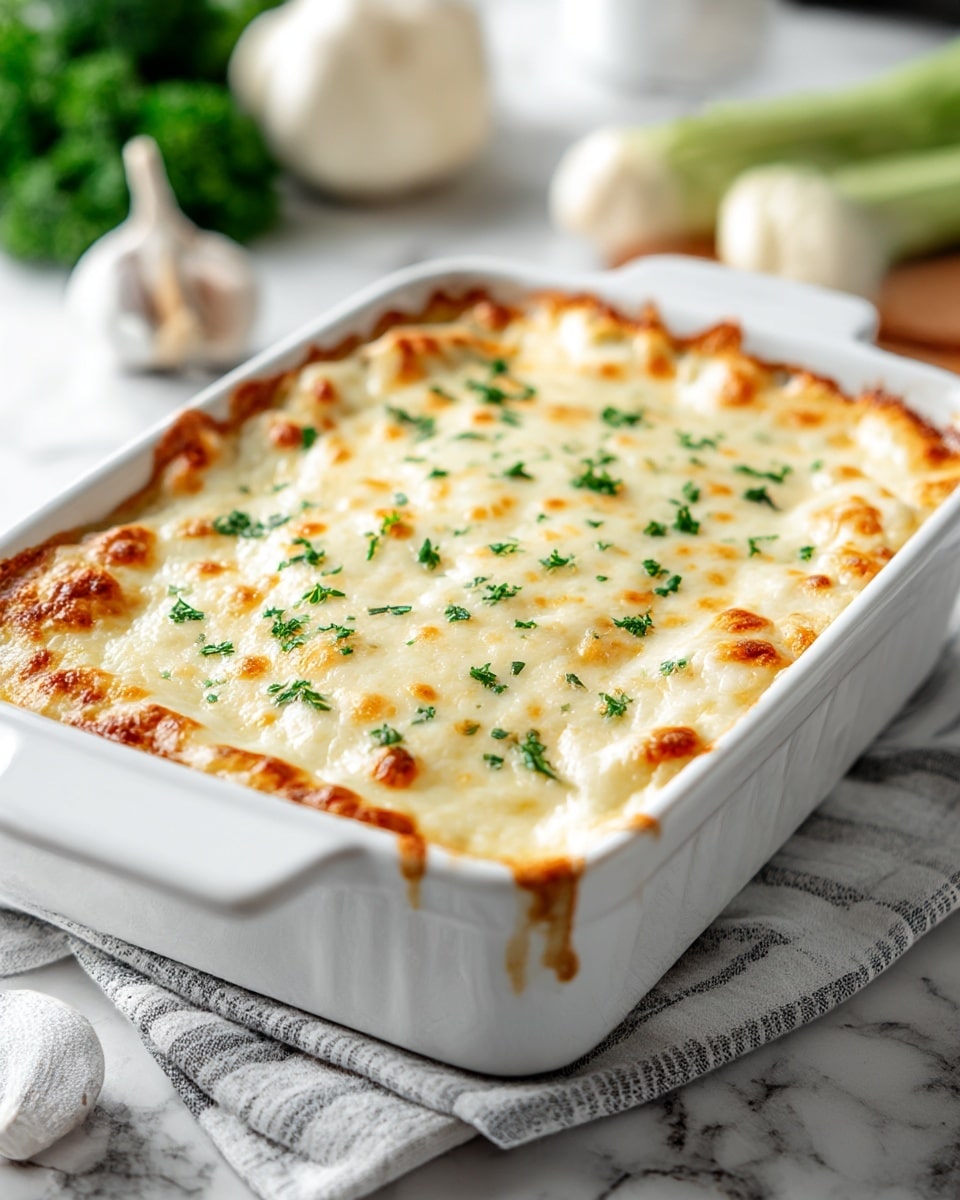 A baked dish in a white rectangular ceramic baking dish with slightly browned melted cheese on top, sprinkled evenly with small green herb pieces. The cheese layer is thick and creamy with golden spots indicating a crispy top, while the edges show some bubbling and light browning. The dish sits on a white and gray striped cloth on a white marbled surface, with blurred green vegetables and garlic in the background. photo taken with an iphone --ar 4:5 --v 7