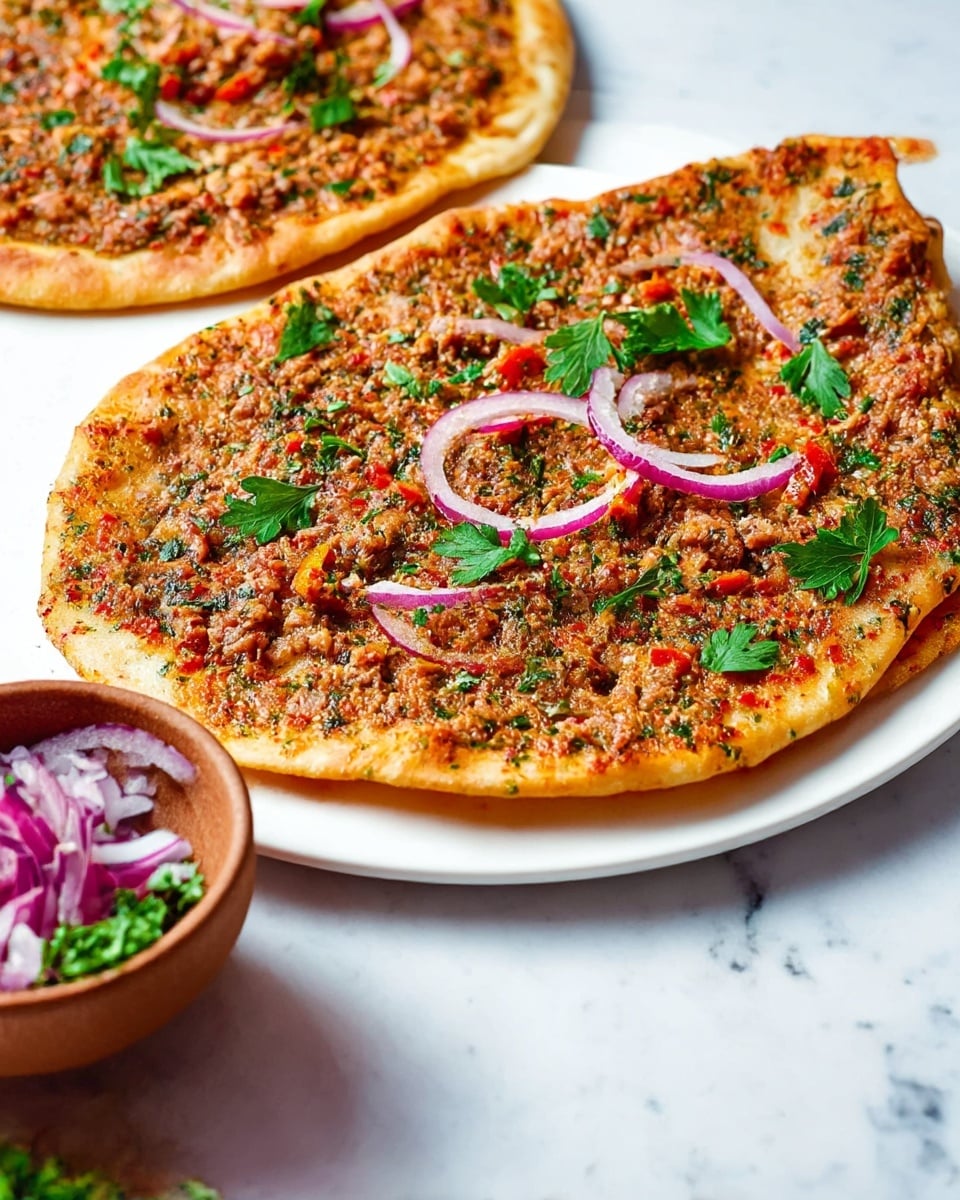 A white plate holds two flat, round Turkish flatbreads with a thin layer of minced meat mixed with finely chopped red peppers and herbs spread evenly on top. The front flatbread is partially covered with thin slices of purple onion and fresh green parsley leaves, adding bright color contrast. The flatbreads rest on a white marbled surface with a small brown bowl in the foreground filled with similar onion and parsley garnish. The scene is bright and well-lit, showing the texture of the spiced meat and garnishes clearly. Photo taken with an iphone --ar 4:5 --v 7