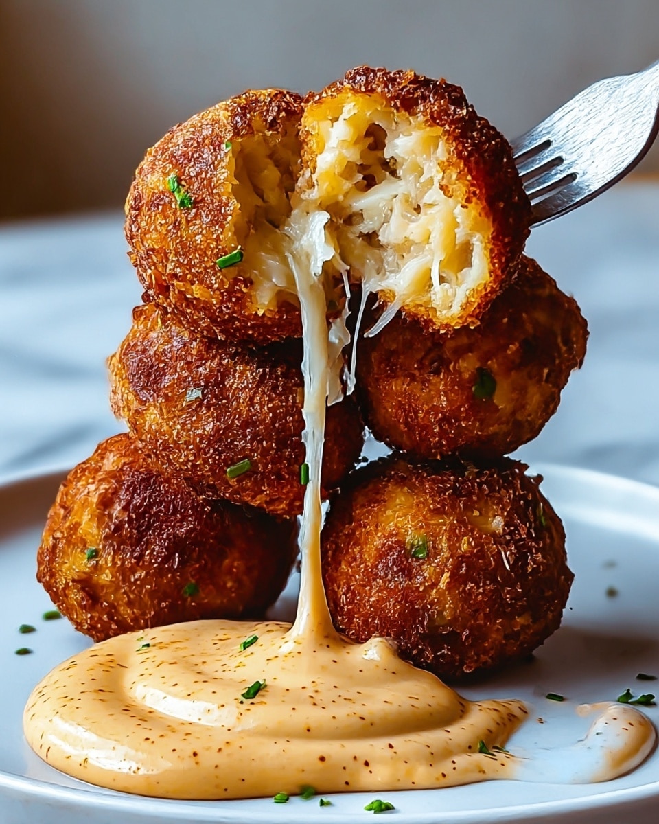 The image shows four crispy, golden-brown fried balls stacked on a white plate with a smooth white marbled texture background. Each ball has a rough, crunchy outer layer with small bits of green herbs scattered on the surface. One ball is being held by a fork, broken open to reveal a moist, soft interior filled with white melted cheese strands and finely chopped ingredients. In front of the balls, there is a thick dollop of creamy, light orange sauce with specks of seasoning, slightly stretched upward as if the cheese is pulling from it. The lighting highlights the texture of the crispy balls and the glossy sheen of the sauce, creating an appetizing look. photo taken with an iphone --ar 4:5 --v 7