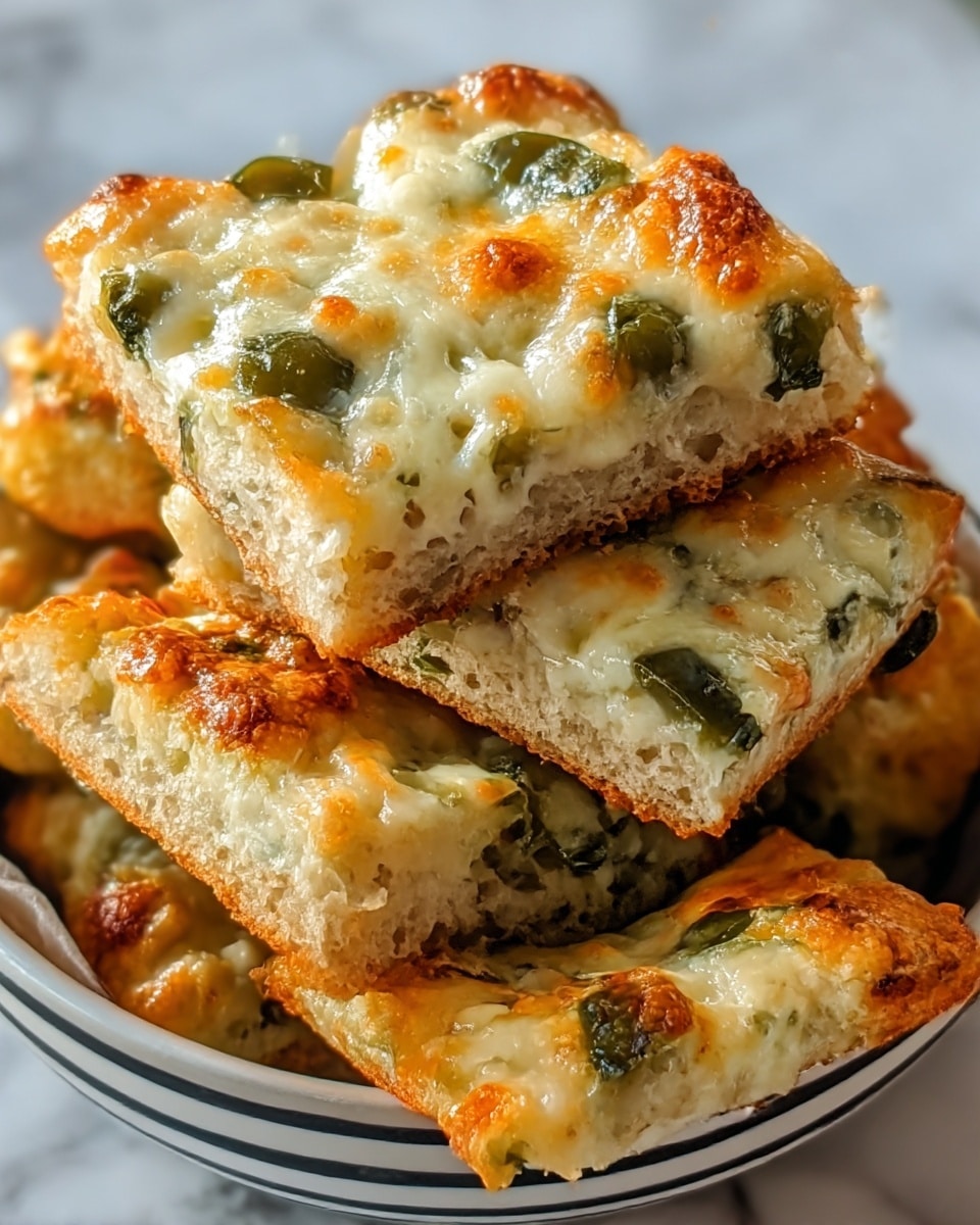 The image shows several square pieces of cheesy bread stacked on top of each other inside a white bowl with black stripes. Each piece has two main layers: a thick, light brown bottom crust with a rough texture, and a top layer of melted cheese that is creamy white with golden brown spots from baking. Scattered on the cheese are small green leaves, likely spinach or herbs, adding a fresh pop of color. The cheese looks gooey and slightly bubbly with a shiny surface. The bowl is placed on a white marbled texture. photo taken with an iphone --ar 4:5 --v 7