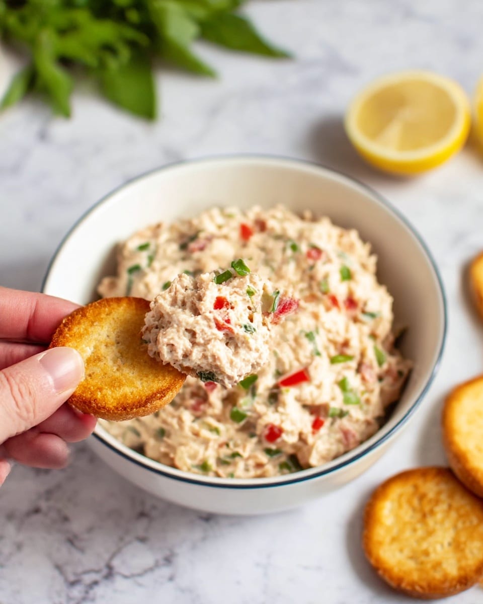 A bowl of creamy tuna salad sits on a white marbled surface, inside a white bowl with a thin blue rim. The salad is pale beige with small pieces of red bell pepper and green herbs mixed throughout, giving it a colorful, textured look. In the foreground, a woman's hand holds a small, golden toasted round cracker topped with a dollop of the tuna salad, showing the spread’s thick and chunky texture up close. In the background, there are a few more toasted crackers partially visible, and a piece of a lemon and some leafy greens are blurred on the white marbled surface. photo taken with an iphone --ar 4:5 --v 7