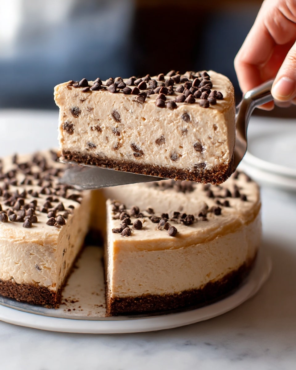 A slice of creamy cheesecake with three layers is shown: the bottom is a dark brown crumbly crust, the middle is a thick pale beige cream with small chocolate chips mixed inside, and the top is a light beige cream layer sprinkled with many small, dark chocolate chips. The cheesecake slice is lifted by a woman's hand holding a silver spatula, above the whole cheesecake sitting on a white plate, on a white marbled surface. photo taken with an iphone --ar 4:5 --v 7