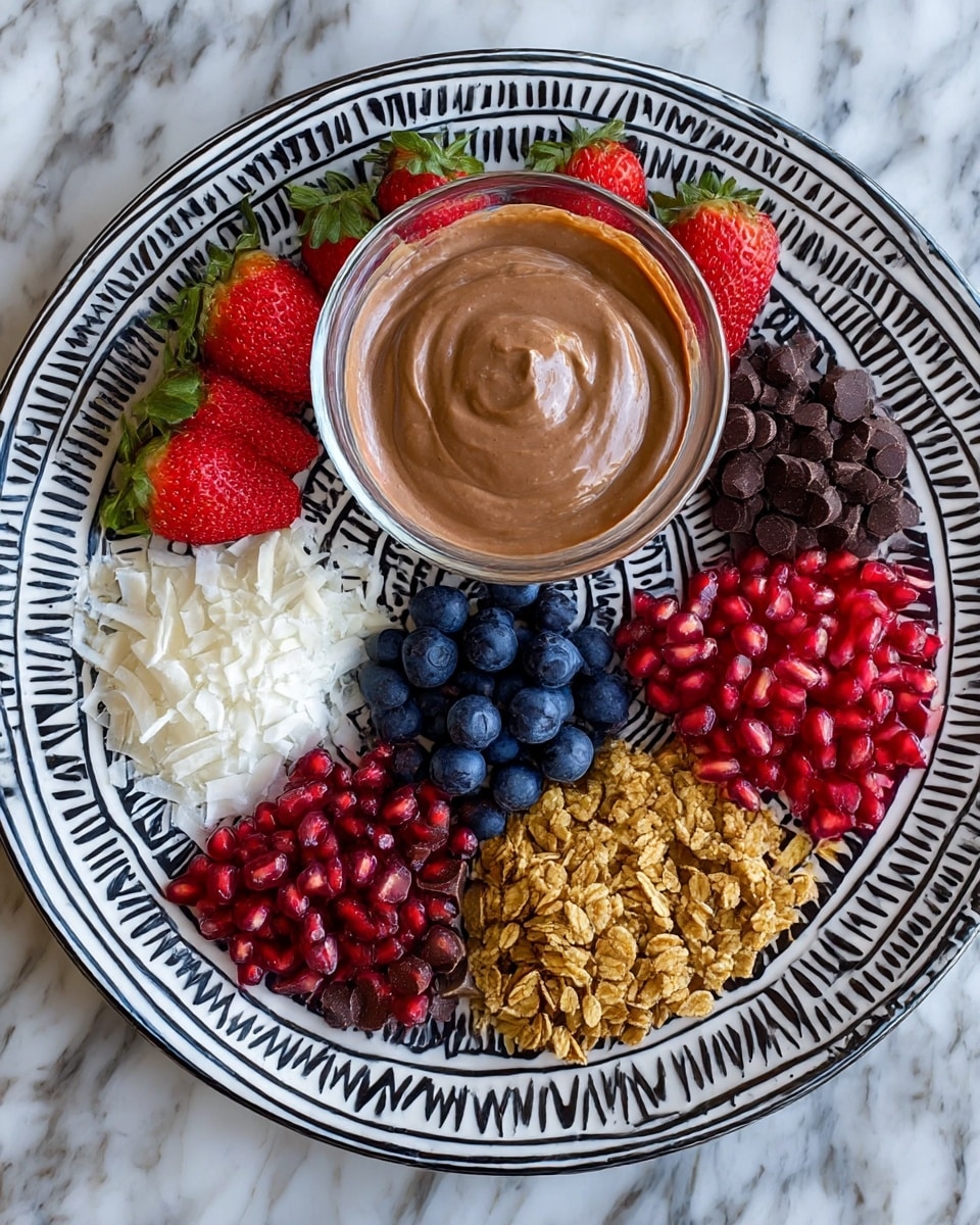 A round white plate with black spiral and zigzag patterns around the edge holds a colorful arrangement of food. In the center is a small glass bowl filled with smooth, light brown chocolate mousse. Surrounding the bowl are six sections of different toppings: bright red strawberries with green leaves, small dark chocolate chips, white shredded coconut, chopped peanut butter cups, bright red pomegranate seeds, plump dark blueberries, and golden brown granola clusters. The plate is placed on a surface with a white marbled texture. photo taken with an iphone --ar 4:5 --v 7