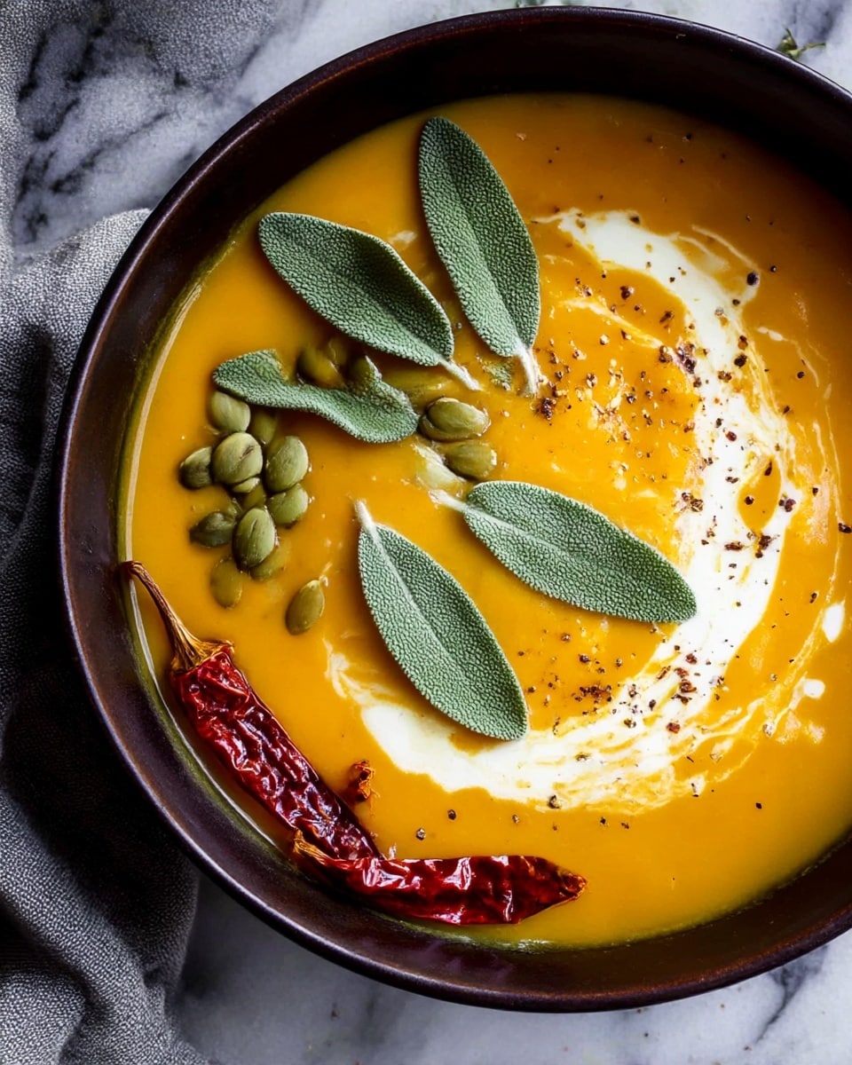 A dark bowl filled with smooth orange pumpkin soup topped with three large green sage leaves placed near the top edge, a small cluster of green pumpkin seeds to the left of the leaves, and two dried red chili peppers curved and lying next to the seeds. Swirls of white cream spread thinly across the right side of the soup, sprinkled lightly with black pepper. The bowl is set on a white marbled surface, with a gray cloth partially visible under the bowl's left side. Photo taken with an iphone --ar 4:5 --v 7