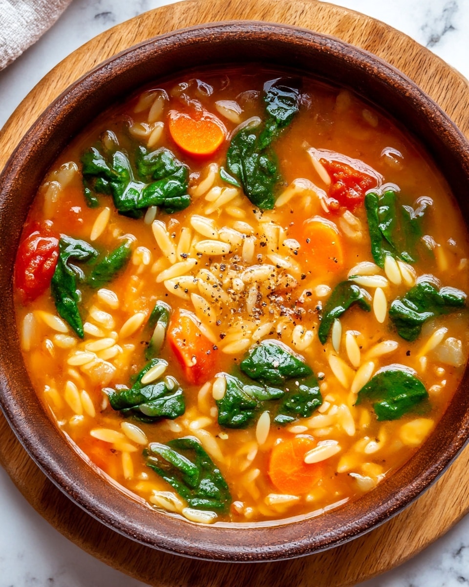A rustic brown bowl filled with a thick vegetable soup sits on a wooden board over a white marbled background. The soup has a rich orange-red broth with visible small orzo pasta pieces scattered throughout. Bright orange carrot slices, chunks of celery, and dark green spinach leaves float on the surface. A light sprinkle of black pepper is seen on top, adding texture and contrasting with the colorful ingredients in the soup. Photo taken with an iphone --ar 4:5 --v 7