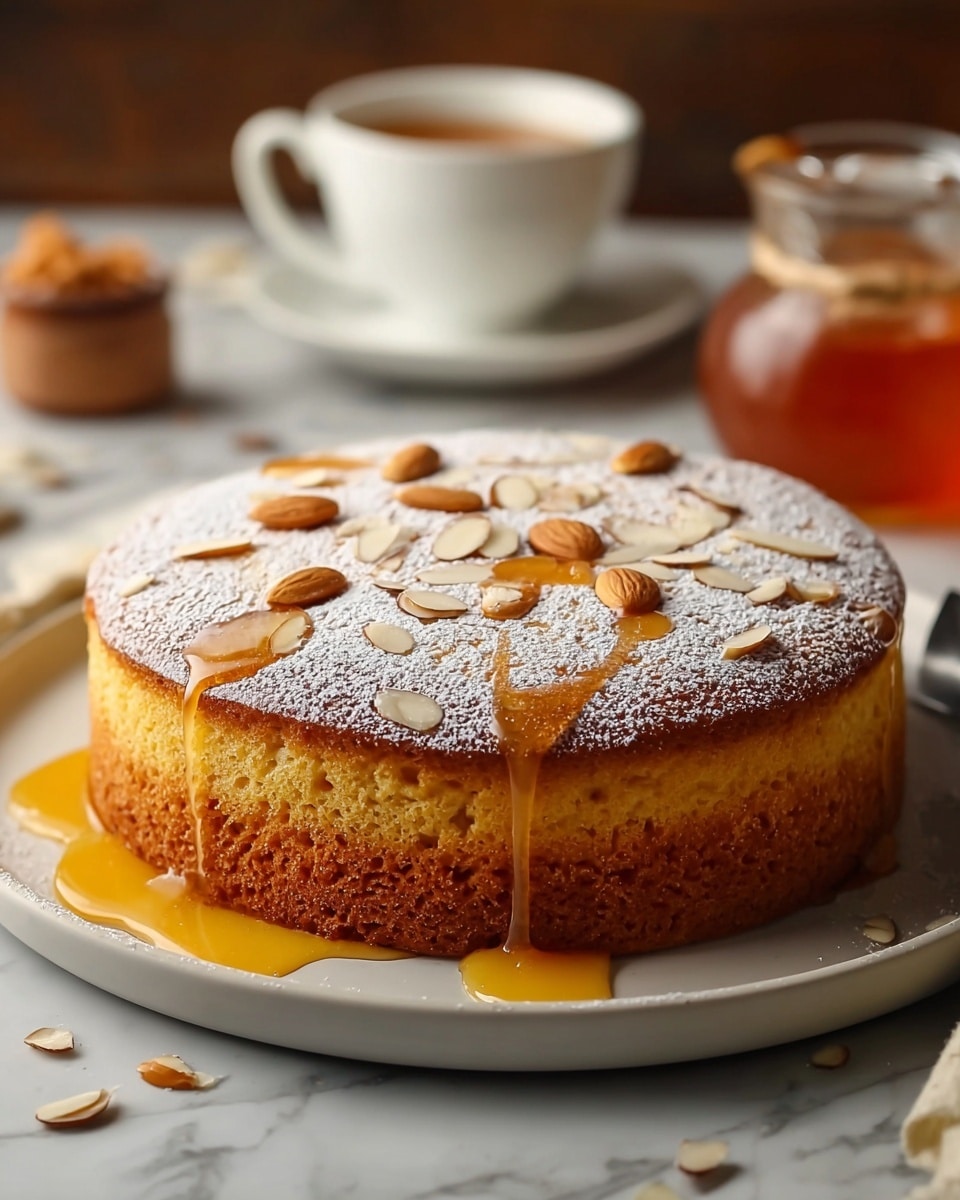 A round cake sits on a white plate, having two visible layers: a thicker, light brown spongy bottom layer with a soft texture, and a lighter yellowish top layer dusted with white powdered sugar. Golden honey syrup is dripping over the cake edges, pooling slightly on the plate. Whole almonds are scattered on top of the cake. The plate is placed on a white marbled surface, with a cup of tea in a white cup and saucer blurred in the background, and a jar of honey off to the side. photo taken with an iphone --ar 4:5 --v 7