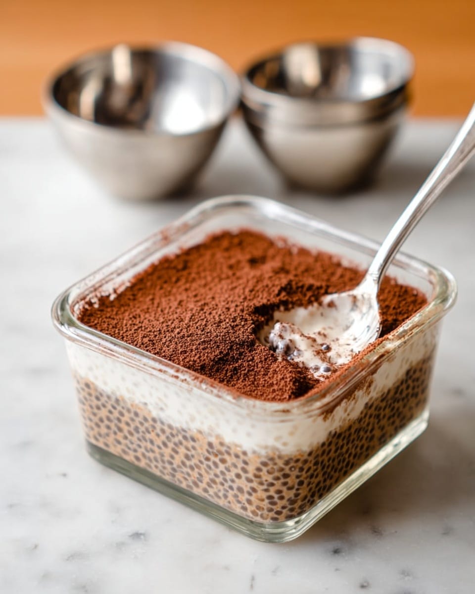 A square clear glass container holds a layered dessert with three visible layers. The bottom layer is light brown with dark tapioca pearls giving it a textured appearance. The middle layer is creamy white, smooth and slightly thick. The top layer is dark brown with a powdery texture, likely cocoa powder spread evenly across. A spoon is on the right side, scooping into the dessert, exposing the creamy layer beneath the cocoa powder. In the background, there are two shiny silver bowls placed on a white marbled surface. photo taken with an iphone --ar 4:5 --v 7