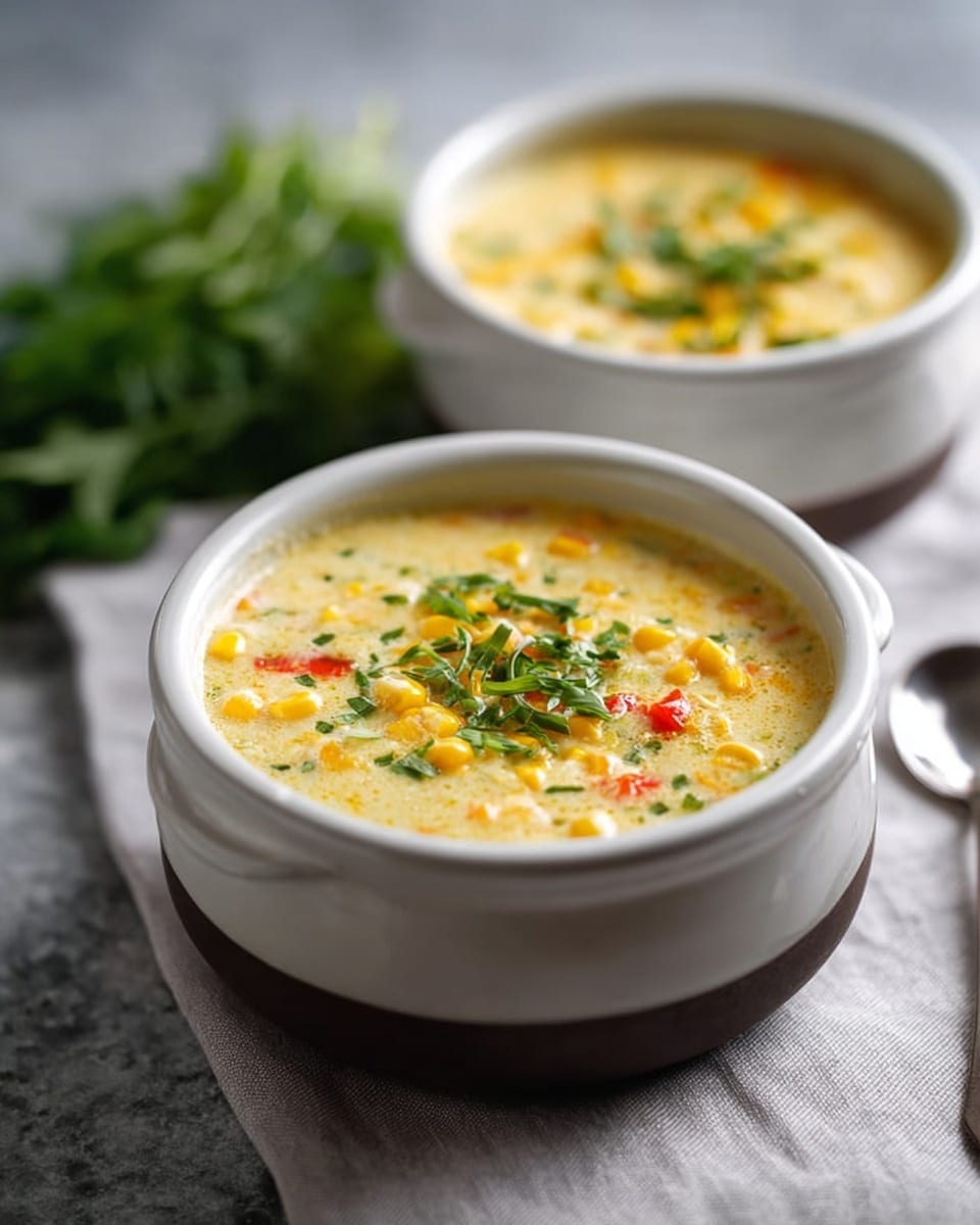 Two white bowls filled with creamy yellow corn chowder are shown on a white marbled and soft gray cloth surface. Each bowl has two layers; the bottom layer is dark brown with a smooth texture, and the top layer is white with small handles on both sides. The chowder itself is thick and creamy, with visible pieces of yellow corn, red bell peppers, and green herbs sprinkled on top. The bowls are in focus with one in the foreground and the other slightly blurred in the back, with fresh green herbs slightly blurred in the background. A silver spoon lies next to the bowl in the front. Photo taken with an iphone --ar 4:5 --v 7