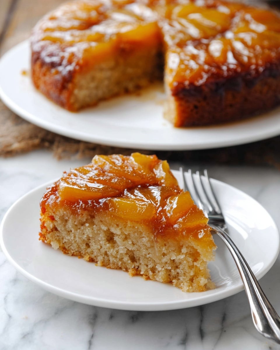 The image shows a slice of upside-down cake served on a white plate with a fork resting beside it. The cake has two main layers: a light brown, soft and moist base with a crumbly texture, and on top, a glossy caramelized layer with a rich golden-brown color, made of caramelized fruit slices neatly arranged in a circular pattern. The whole cake is set against a white marbled surface, and in the background, the rest of the cake is visible on a white plate with a slice taken out. Photo taken with an iphone --ar 4:5 --v 7