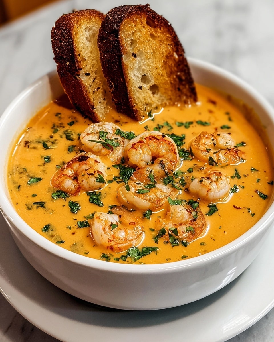 A white bowl filled with creamy orange soup topped with small cooked shrimp scattered across the surface, garnished with chopped green herbs. Three slices of toasted bread with a golden brown crust stand upright at the back edge of the bowl. The bowl is placed on a matching white saucer, all set on a white marbled texture surface. The soup has a smooth, thick texture with visible small bits of ingredients mixed in. photo taken with an iphone --ar 4:5 --v 7