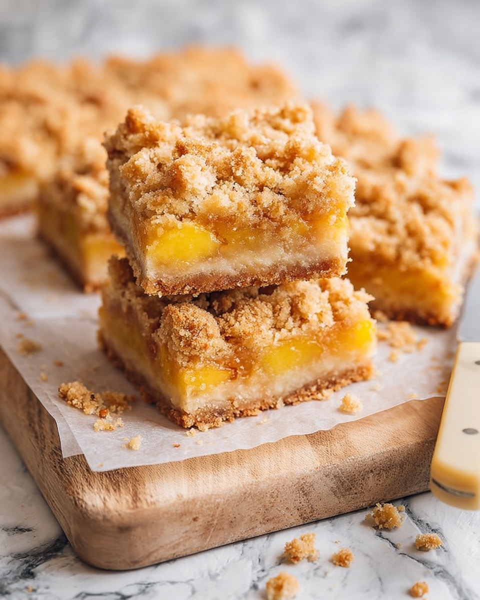 The image shows square fruit crumble bars stacked on a piece of parchment paper on a wooden board. Each bar has three layers: a firm pale golden crust at the bottom, a middle layer of yellow fruit filling with visible chunks, and a top layer of crumbly golden brown streusel with small textured pieces. Some crumbs are scattered around on the parchment and wooden surface. A knife with a pale handle lies on the side of the board. The background is a white marbled texture. photo taken with an iphone --ar 4:5 --v 7