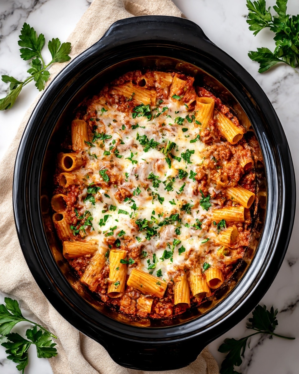 The image shows a round black slow cooker filled with baked pasta. The bottom layer is a rich red tomato sauce mixed with browned ground meat, topped by rigatoni pasta tubes that are light golden brown and arranged evenly. The top layer features melted white cheese, slightly bubbly with a golden tint, sprinkled with green chopped parsley for garnish. The slow cooker sits on a white marbled surface with a beige cloth and some parsley leaves around it. photo taken with an iphone --ar 4:5 --v 7