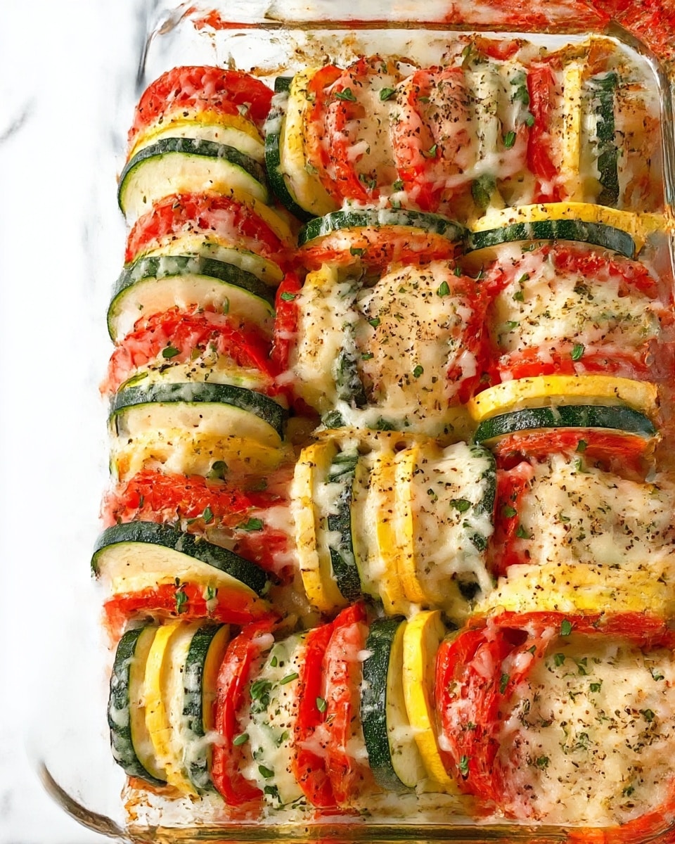 The dish is a layered vegetable bake arranged in rows within a clear glass casserole dish. Each row consists of repeating slices of red tomatoes, green zucchini, and light yellow squash, stacked vertically with about ten layers visible per row. The vegetables are topped with a melted, slightly bubbly pale cheese that covers each slice unevenly, and there are sprinkles of black pepper and chopped herbs scattered on top. The background is a white marbled surface. photo taken with an iphone --ar 4:5 --v 7