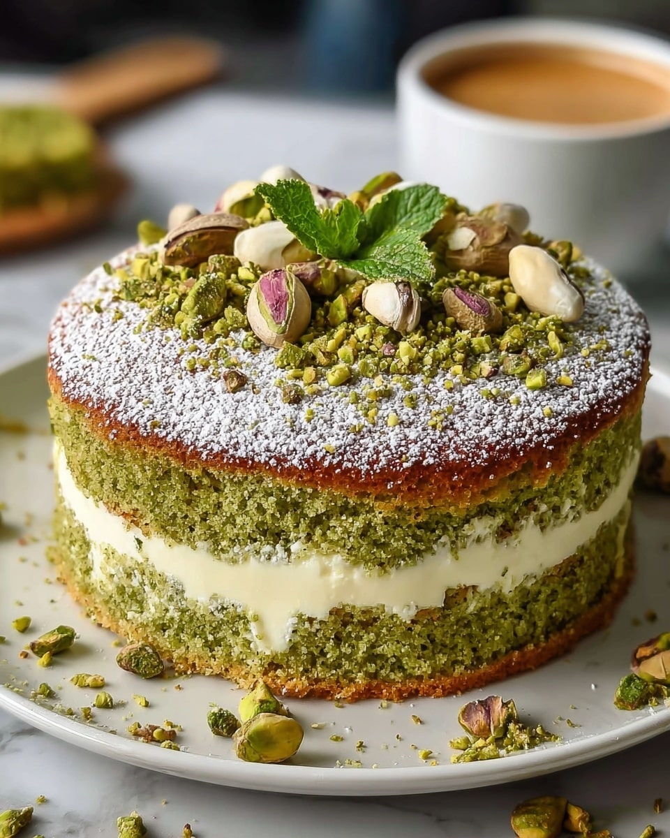 The image shows a two-layer green cake with a creamy white filling in the middle, presented on a white plate. The top layer is covered with chopped pistachios and a light dusting of powdered sugar, with some pistachios scattered around the base on the plate. The cake texture looks moist and spongy, and there is a fresh green mint leaf on top for decoration. The white plate sits on a white marbled textured surface. photo taken with an iphone --ar 4:5 --v 7