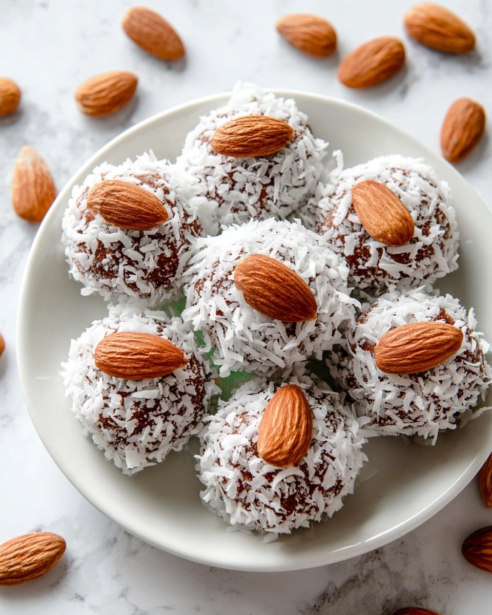 A white plate is filled with round treats made of a soft, brown base covered in white shredded coconut. Each treat is topped with one whole almond placed vertically at the center. The treats are arranged closely with more whole almonds scattered around on a white marbled surface background. photo taken with an iphone --ar 4:5 --v 7