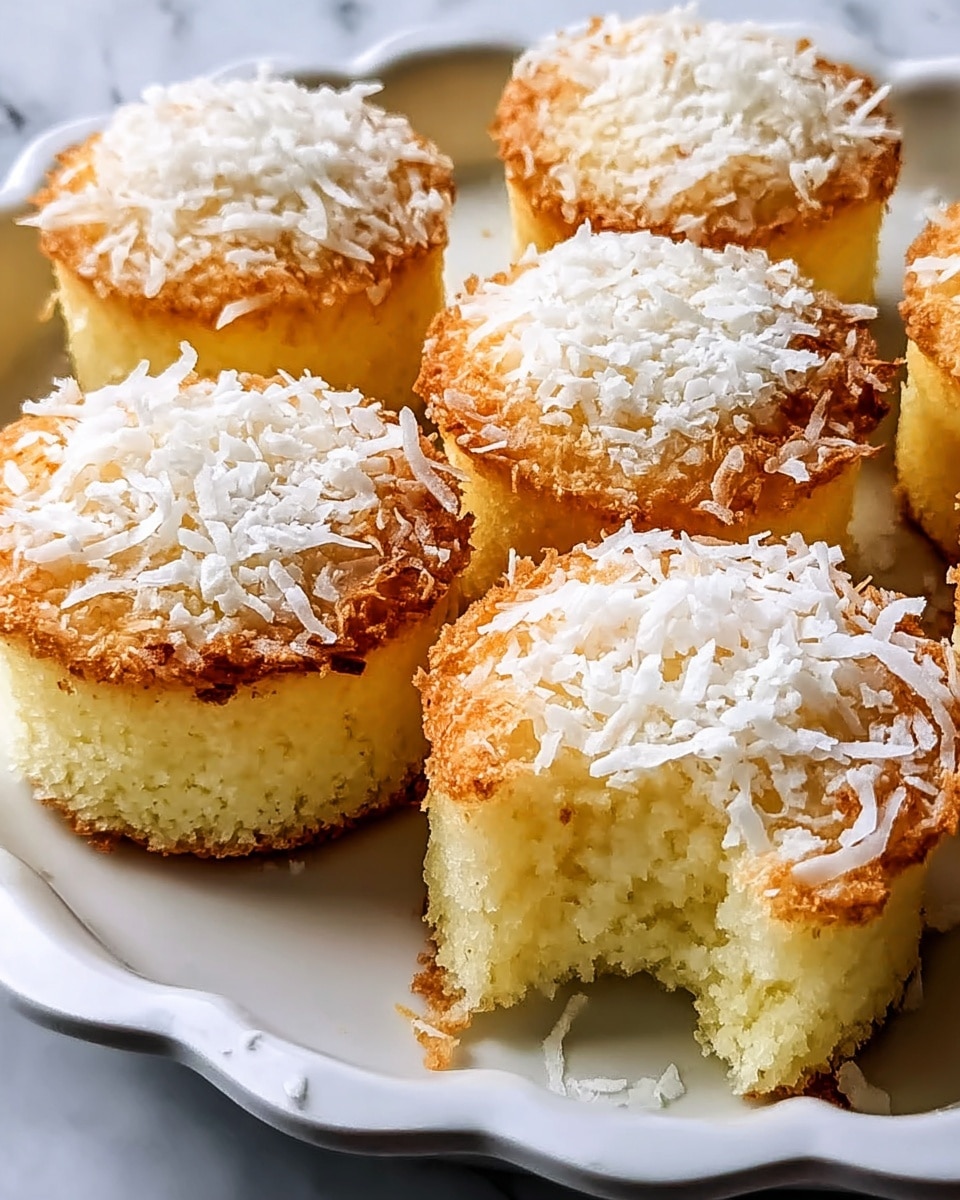 The image shows six small round cakes arranged closely on a white plate with a scalloped edge, placed on a white marbled surface. Each cake has two visible layers: a light golden brown top layer with a slightly crispy, textured surface sprinkled generously with shredded white coconut, and a thicker, soft-looking pale yellow bottom layer with a moist, spongy texture. One cake at the front has a small bite taken out, showing the inside clearly. The cakes have a slightly crumbly, uneven edge, giving a homemade feel. Photo taken with an iphone --ar 4:5 --v 7