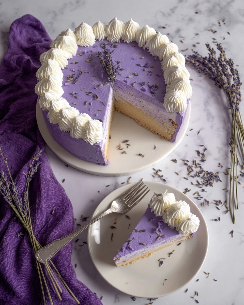 A round cake with two layers is displayed on a white marbled surface, decorated with light purple frosting covering the entire top and sides. The cake's top edge is bordered with white whipped cream swirls, and the purple frosting is sprinkled with small lavender flower petals and a sprig of lavender placed in the center. One slice of the cake is cut out, revealing a light beige crumbly crust layer at the bottom. The slice is served on a white plate with a silver fork beside it, and the slice itself is topped with the same purple frosting and white whipped cream curls along the edge. The scene is accented with a purple cloth and scattered dried lavender stems around the cake and plate. Photo taken with an iphone --ar 4:5 --v 7