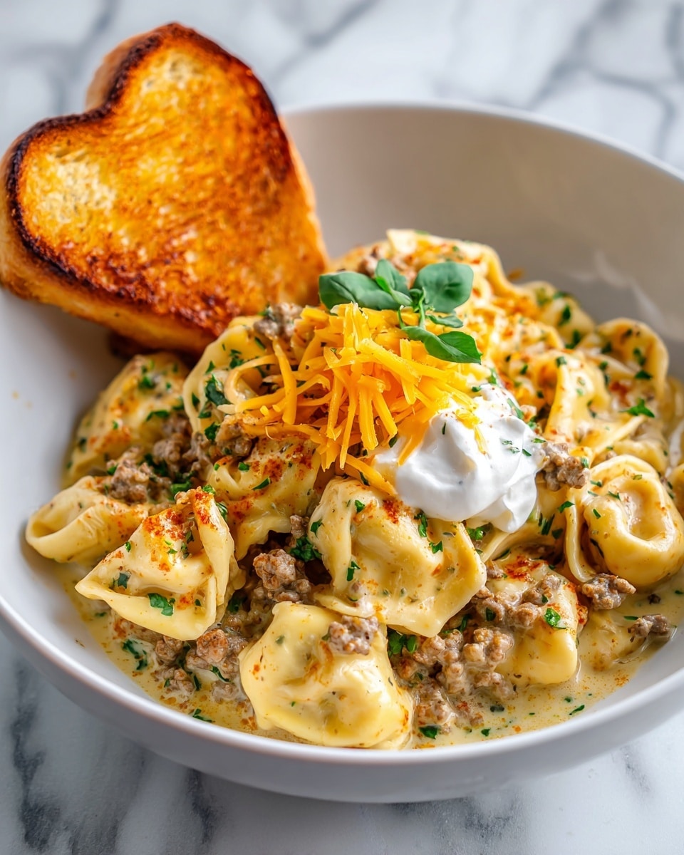 A white bowl filled with creamy tortellini pasta mixed with ground beef and small bits of green herbs, all covered in a rich, light yellow cheese sauce. On the top, there is a small pile of shredded bright orange cheddar cheese and a dollop of white sour cream garnished with a few green herb leaves. Behind the pasta, a single golden-brown, crispy piece of toast leans against the edge of the bowl. The bowl sits on a white marbled surface. photo taken with an iphone --ar 4:5 --v 7