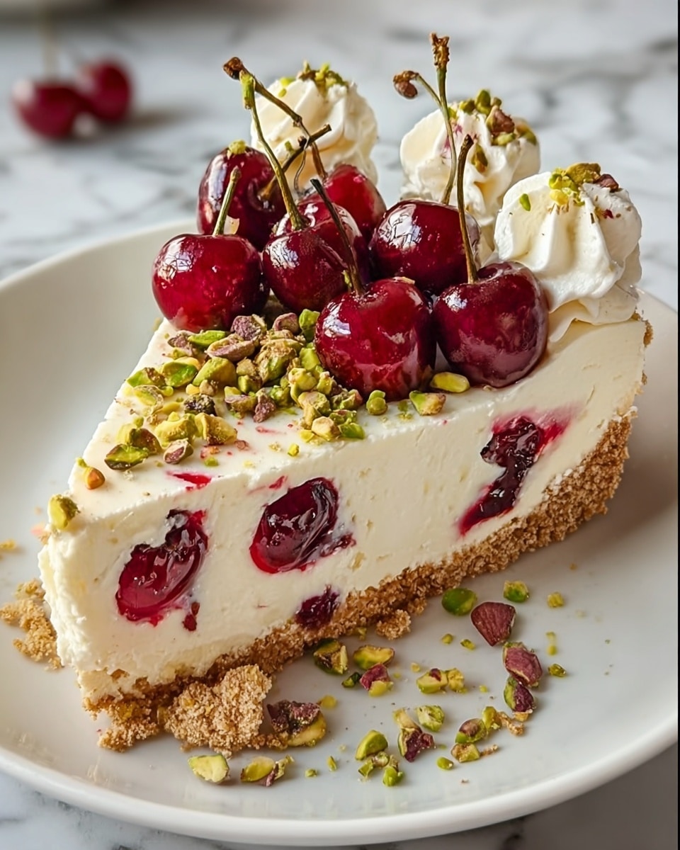 A slice of creamy white cheesecake with red cherry pieces mixed inside, sitting on a crumbly light brown crust. On top, there are shiny whole red cherries with green stems, dollops of whipped cream, and chopped green pistachios scattered around. The dessert is placed on a white plate with some crumbs and pistachio pieces around it, all set on a white marbled surface. Photo taken with an iphone --ar 4:5 --v 7