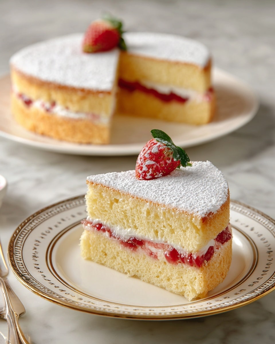 A slice of two-layer yellow sponge cake sits on a white plate with gold and beige decorative edges. The cake has a thick middle layer of white cream and red strawberry jam, showing bright red bits of strawberry inside the jam. The top layer is dusted evenly with white powdered sugar, covering the soft yellow sponge. In the background, the remaining part of the round cake, with a missing slice, is placed on a white plate on a white marbled surface. A strawberry with a small green leaf decoration sits on top of the cake. Photo taken with an iphone --ar 4:5 --v 7