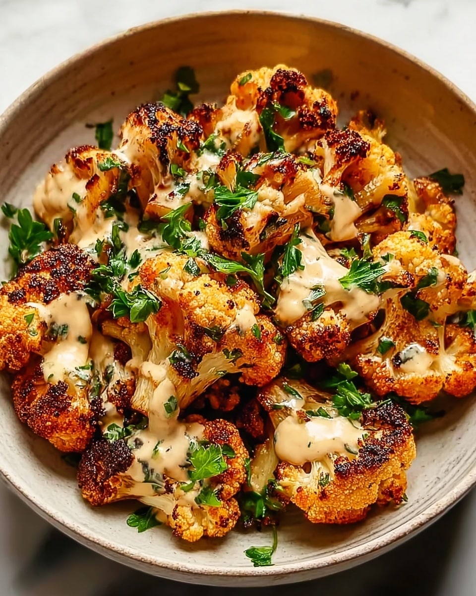The image shows a bowl filled with roasted cauliflower pieces. The cauliflower is golden brown with crispy edges and slightly charred spots, giving it a rich texture. It is covered with a light drizzle of creamy sauce that has a pale orange color with specks of seasoning. Fresh green parsley leaves are scattered evenly over the cauliflower, adding a bright contrast to the warm tones. The bowl is white and sits on a white marbled surface, giving the scene a clean and bright look. photo taken with an iphone --ar 4:5 --v 7