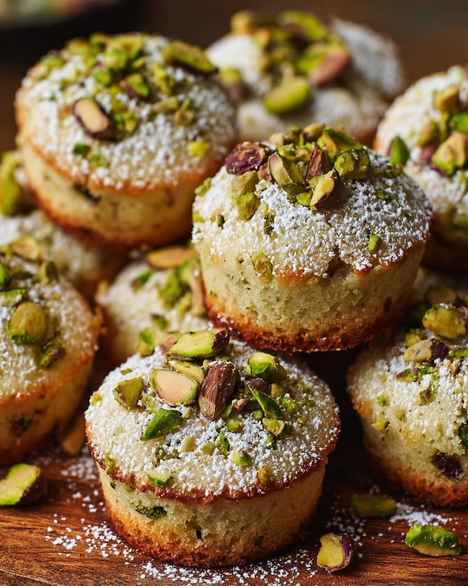 The image shows a close-up of several small round cakes, each with a golden brown base and a soft, crumbly light cream-colored top mixed with green pistachio pieces. The cakes are topped with a scattering of whole and chopped pistachios, dusted lightly with powdered sugar, giving a slightly snowy look. They are arranged closely together on a wooden surface. The texture of the cakes looks moist and dense but crumbly around the edges, with visible bits of green pistachios inside and on top. photo taken with an iphone --ar 4:5 --v 7
