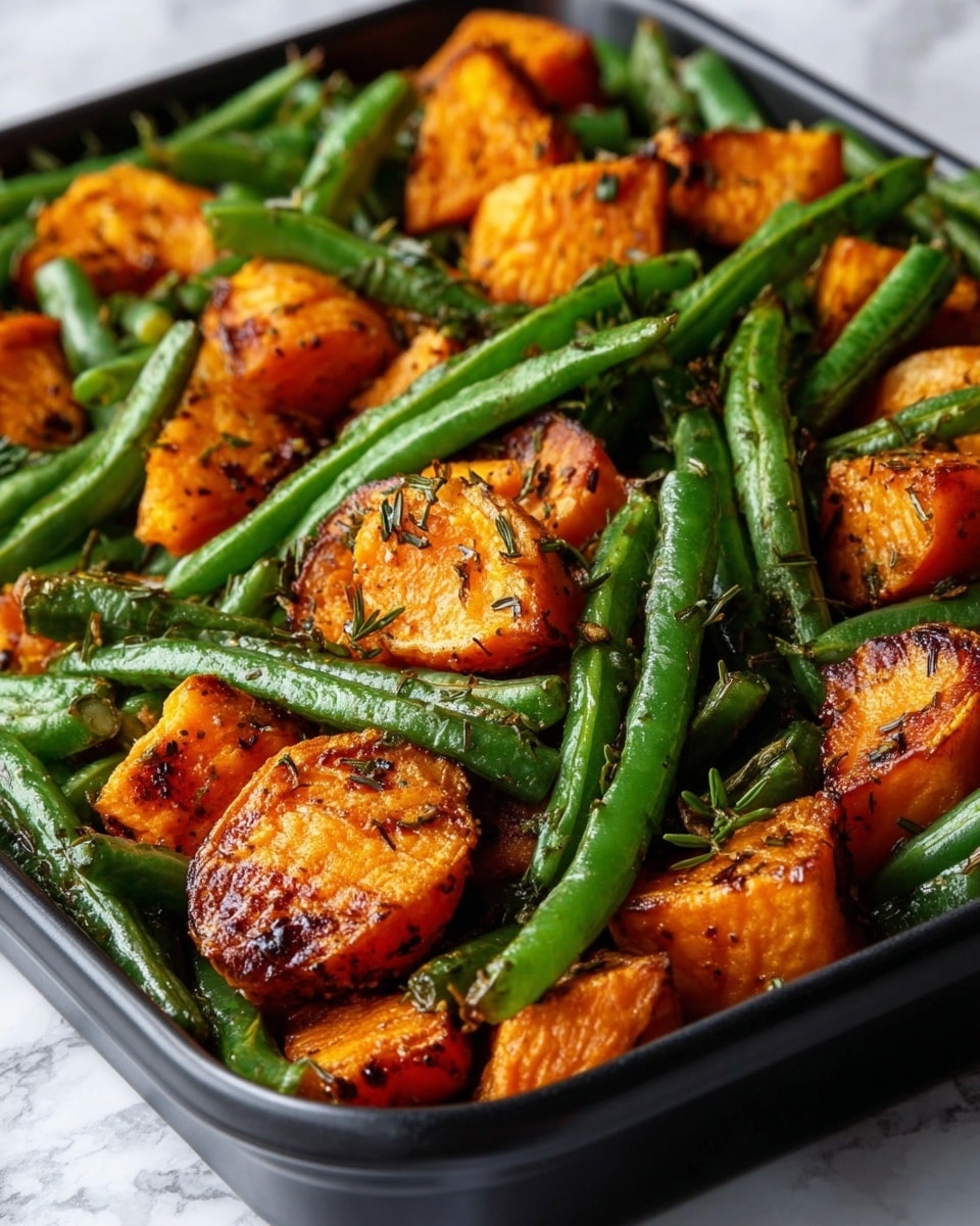 The dish shows a mix of roasted orange sweet potato chunks and bright green beans, all in one layer. The sweet potato pieces are caramelized with a crispy, dark brown texture on their edges, giving a contrast with the smooth, soft orange inside. The green beans are whole, glossy, and sprinkled with small bits of green herbs and black seasoning, creating a fresh and flavorful look. All of this is served in a white tray with a close-up view on a white marbled surface. photo taken with an iphone --ar 4:5 --v 7