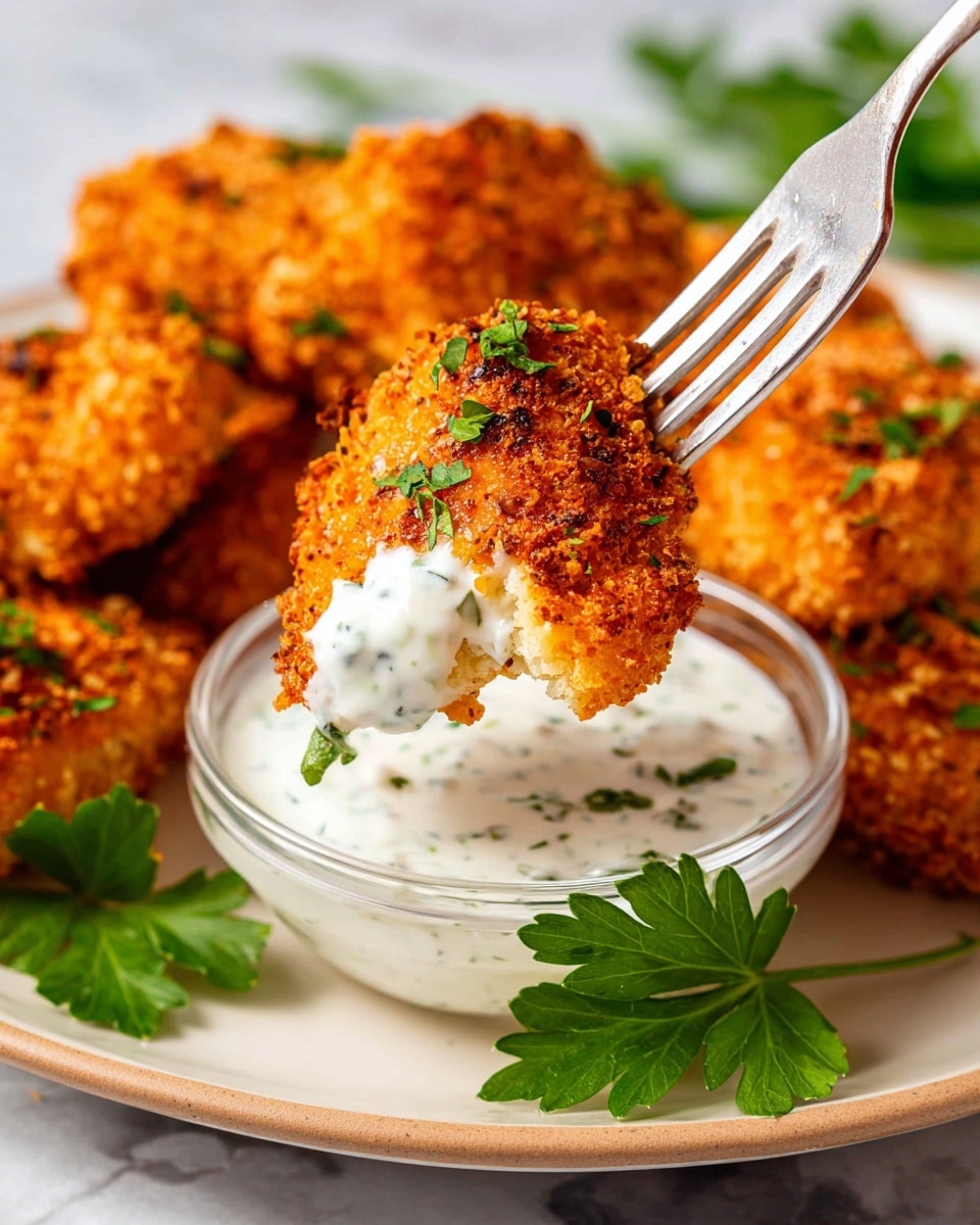 A crispy golden brown chicken nugget is held by a fork and dipped into a creamy white sauce with green herb bits in a small clear glass bowl. The nugget has a rough, crunchy texture with small, browned crumbs and fresh green parsley sprinkled on top. Behind, more nuggets lie on a white plate with a soft beige rim, resting on a white marbled surface. A fresh green parsley leaf is placed near the bowl, adding a pop of color. photo taken with an iphone --ar 4:5 --v 7