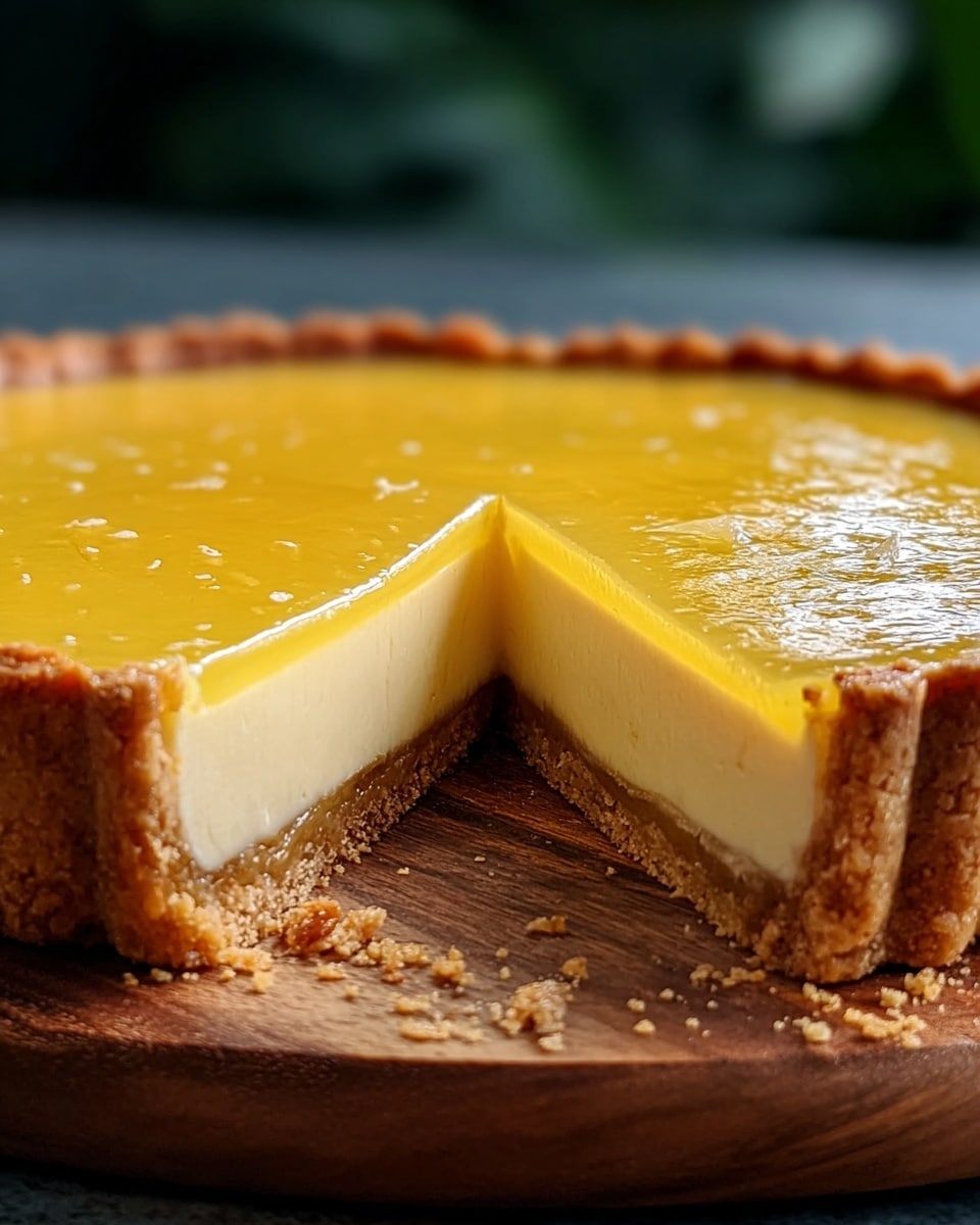 A close-up of a lemon tart missing one slice, showing three layers: a crisp golden brown crust forming the thick base and edges, a smooth creamy pale yellow filling in the middle, and a shiny bright yellow lemon glaze on top with a slightly textured surface. The tart is placed on a wooden board with some crumbs around the cut area, and a softly blurred dark green background is visible. photo taken with an iphone --ar 4:5 --v 7