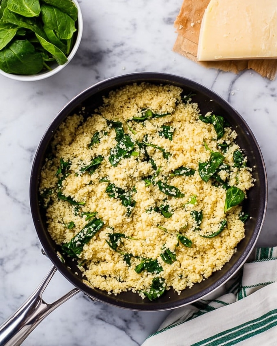 A black frying pan filled with a light yellow, crumbly couscous mixture that has bright green spinach leaves scattered evenly on top. The couscous looks fluffy with small grains, while the spinach adds a fresh texture contrasting the softness below. The pan is placed on a white marbled surface with a small white bowl of fresh green spinach on the left and a wedge of pale yellow cheese with a textured surface on the upper right. A white cloth with green stripes is partly visible on the far right. Photo taken with an iphone --ar 4:5 --v 7
