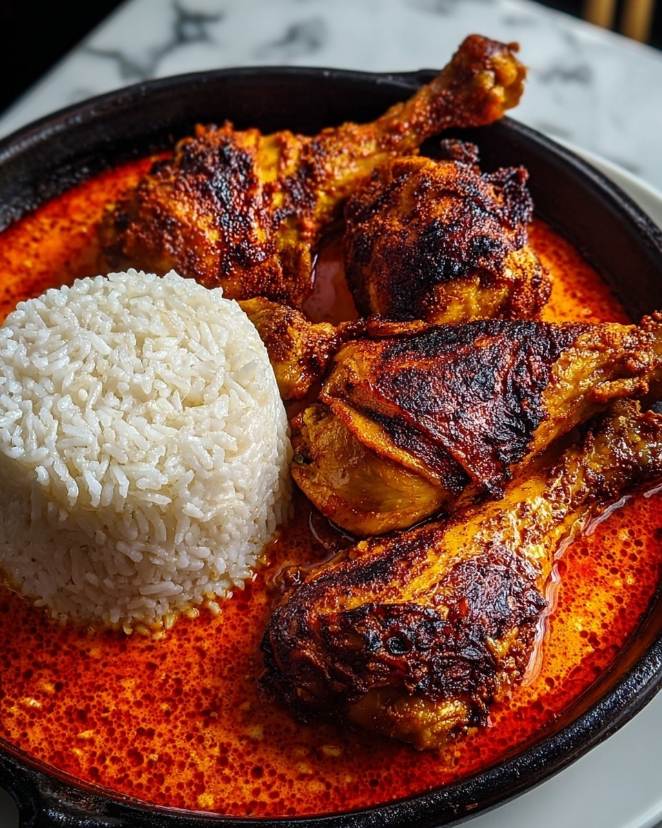 A close-up of a black skillet filled with rich, bright red-orange oily sauce as the base layer, topped with three pieces of grilled chicken drumsticks and thighs showing crispy, golden-brown, and slightly charred skin, creating a textured look. On the left side, there is a neat mound of white rice with slightly visible grains packed tightly. The skillet is placed on a white plate on a white marbled surface. The photo taken with an iphone --ar 4:5 --v 7