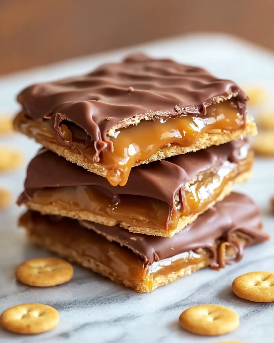 The image shows a close-up of a stack of three square caramel chocolate bars placed on a white marbled surface. Each bar has two main layers: a golden brown cracker-like base on the bottom and top, with a thick caramel layer in the middle that is slightly oozing out, and the whole bar is coated with a shiny, wavy milk chocolate layer on the top. The caramel is gooey and soft, visible spilling slightly over the edges in the middle bar. Small round golden brown crackers are scattered around the stack on the surface. photo taken with an iphone --ar 4:5 --v 7