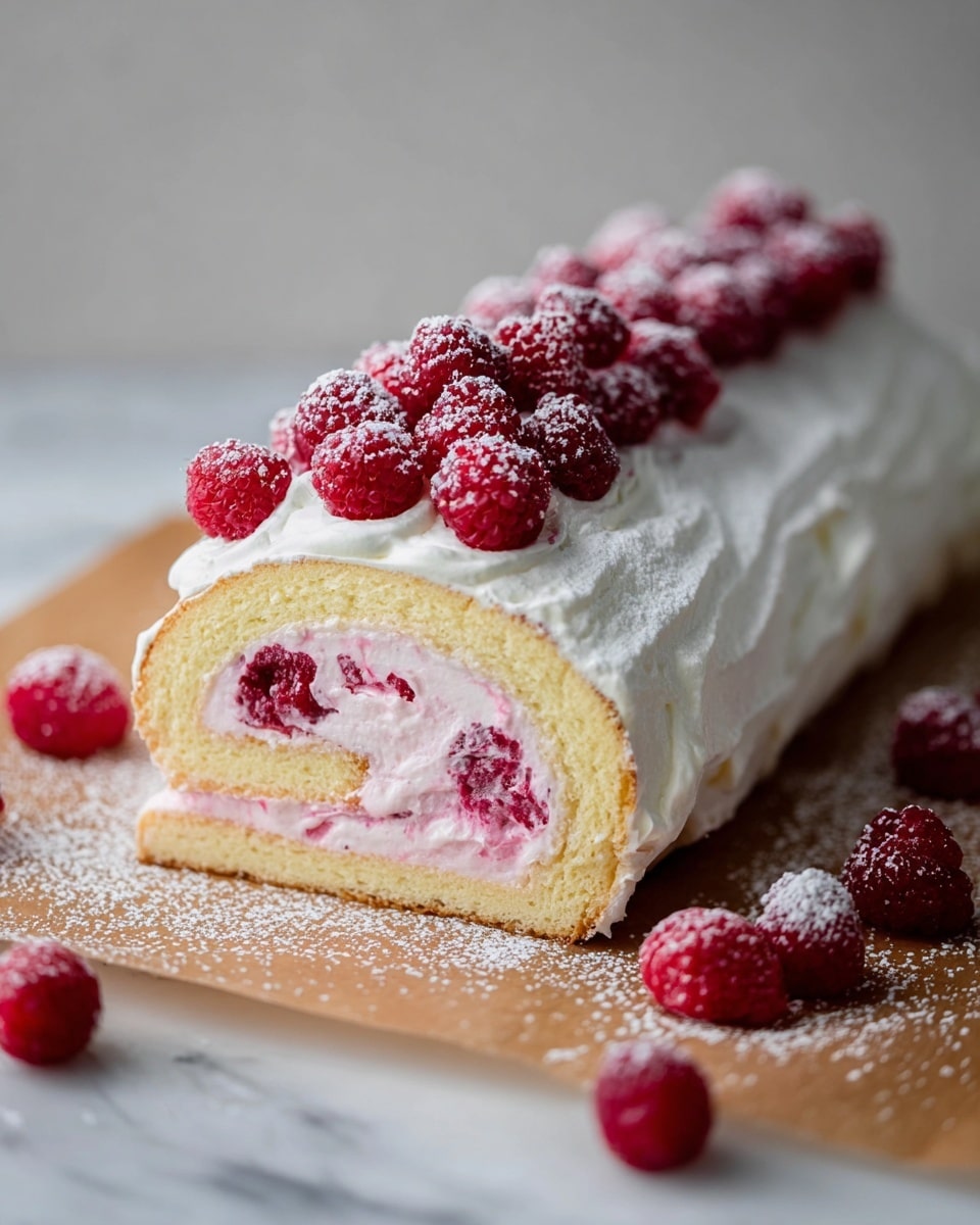 A rolled sponge cake with three visible layers: the innermost layer is light yellow sponge, the middle layer is pink raspberry cream filling, and the outer layer is white whipped cream spread thickly around. The top is covered with a pile of bright red raspberries dusted with powdered sugar. More raspberries and powdered sugar are scattered around the cake on brown parchment paper, all placed on a white marbled surface. The photo is close up with soft light, showing the texture of the whipped cream and raspberries clearly. photo taken with an iphone --ar 4:5 --v 7