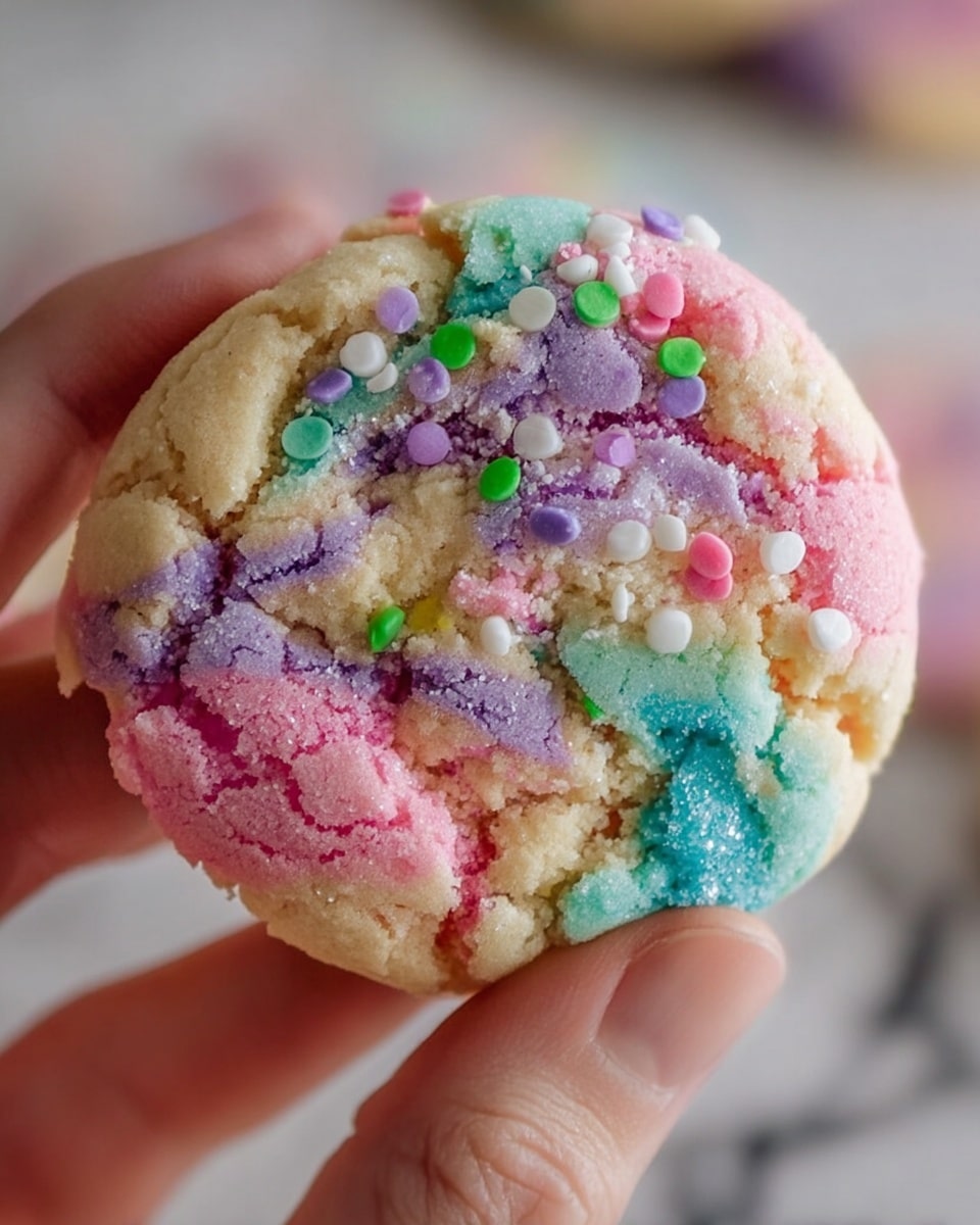 A close-up image of a colorful cookie held by a woman's hand, showing a rough, crumbly texture with layers in pastel pink, purple, blue, and cream shades, spread unevenly in a marbled pattern. The cookie top is sprinkled with small, round, multicolored candy bits in green, yellow, white, purple, pink, and blue, adding a playful touch. The background is softly blurred with a white marbled texture. photo taken with an iphone --ar 4:5 --v 7