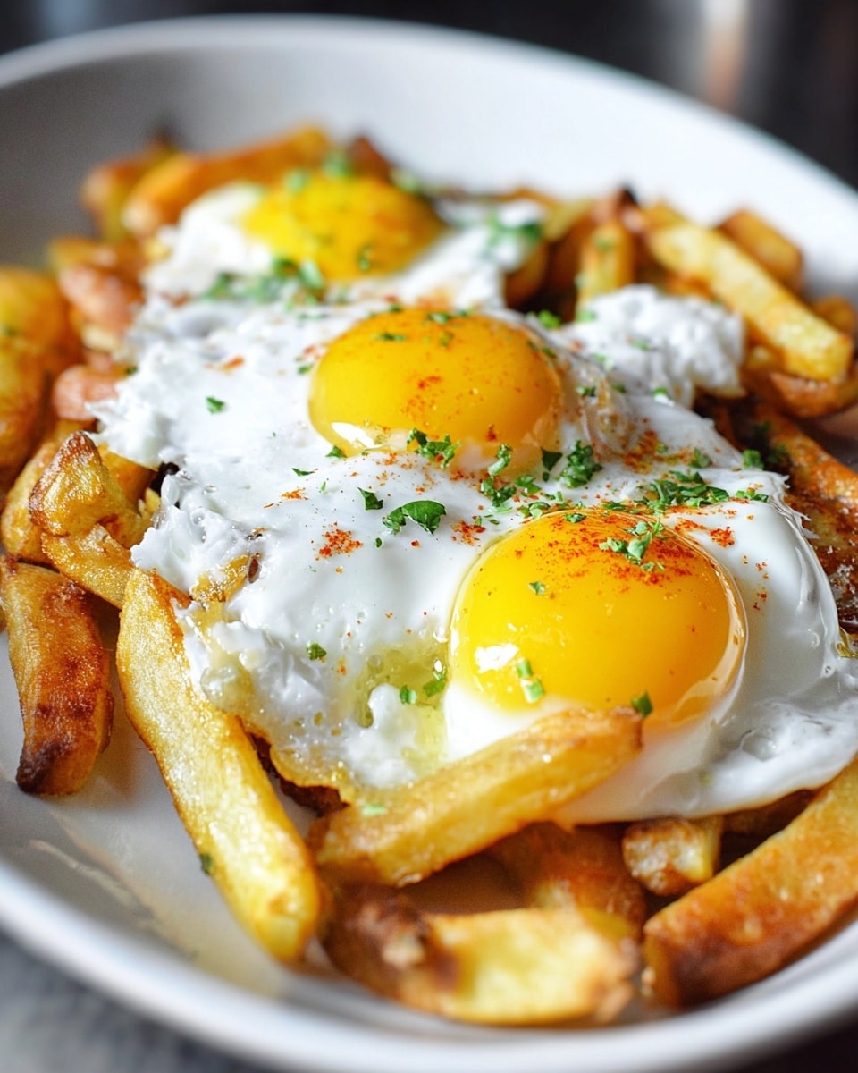 The image shows a dish with a base layer of golden-brown, thick-cut potato fries that have a crispy texture and some darker edges, spread evenly on a white plate. On top of the fries are three sunny-side-up eggs, each with bright yellow yolks that are slightly runny and shiny, surrounded by smooth, white cooked egg whites. The eggs are sprinkled with a dusting of reddish seasoning and small green herb leaves scattered over them for color contrast. The photo was taken with an iphone --ar 4:5 --v 7